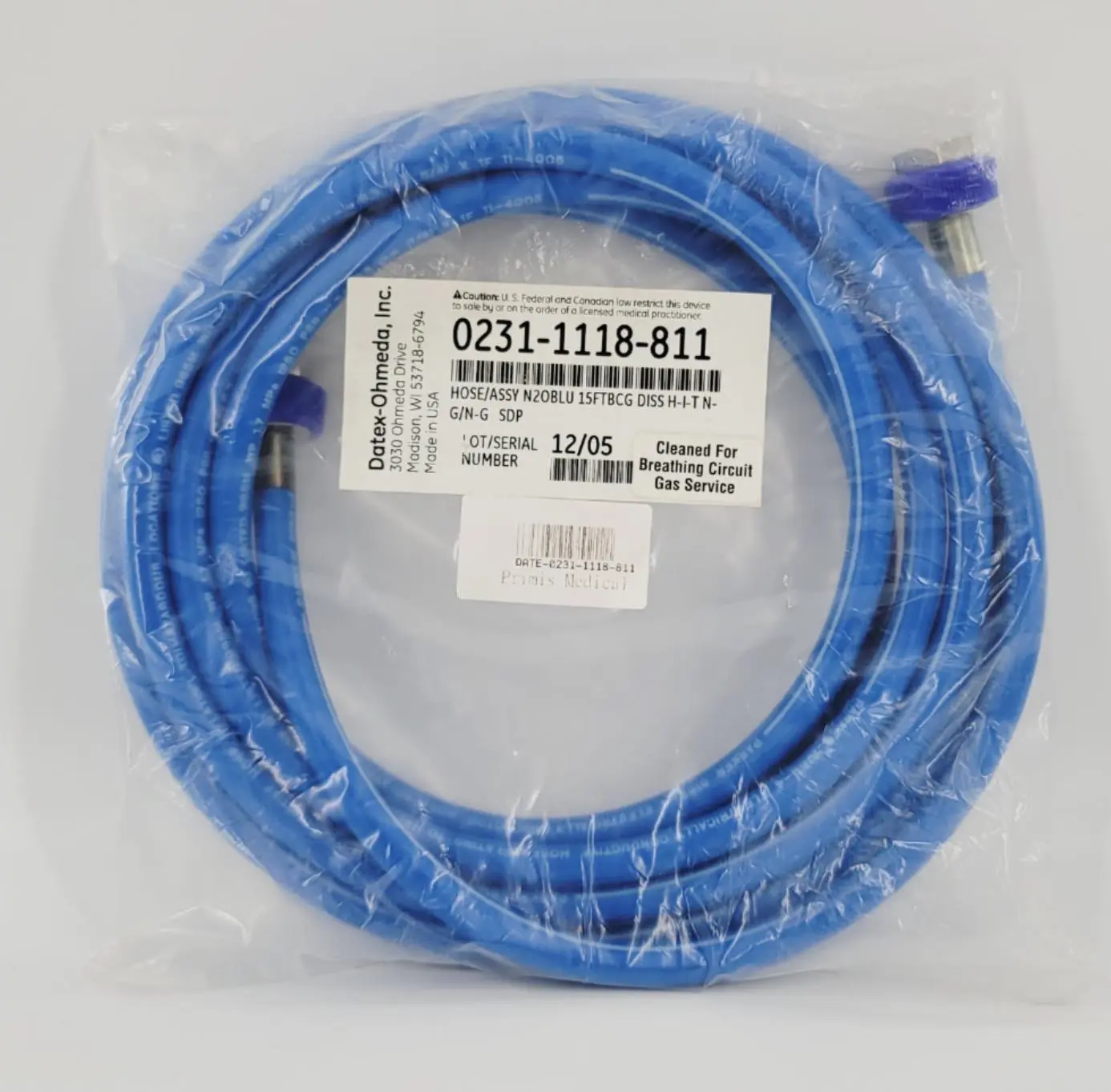 Datex Ohmeda 0231-1118-811 Blue N20 15 Ft BCG DISS H-I-T-N-G/N-G Hose - Image 2