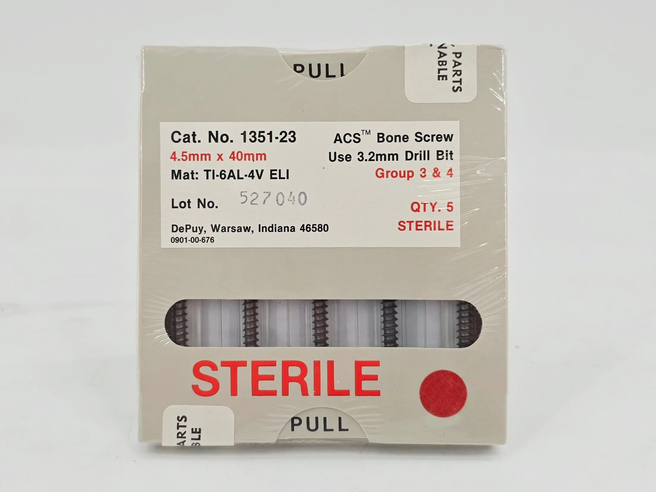 DePuy 1351-23 ACS Bone Screw 4.5mm x 40mm Titanium Orthopedic 5/PK - Image 2