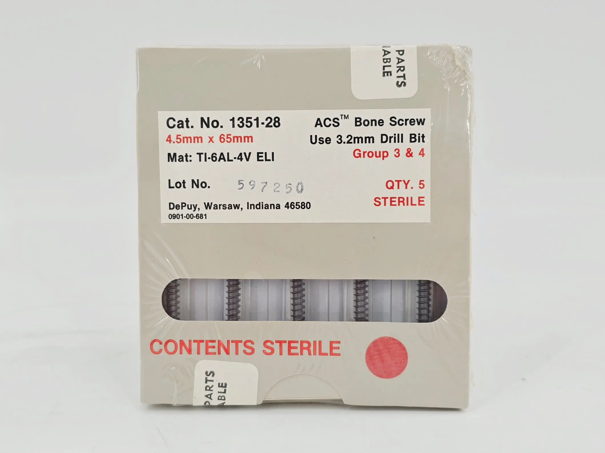 DePuy 1351-28 ACS Bone Screw 4.5mm x 65mm Titanium Orthopedic 5/PK - Image 2