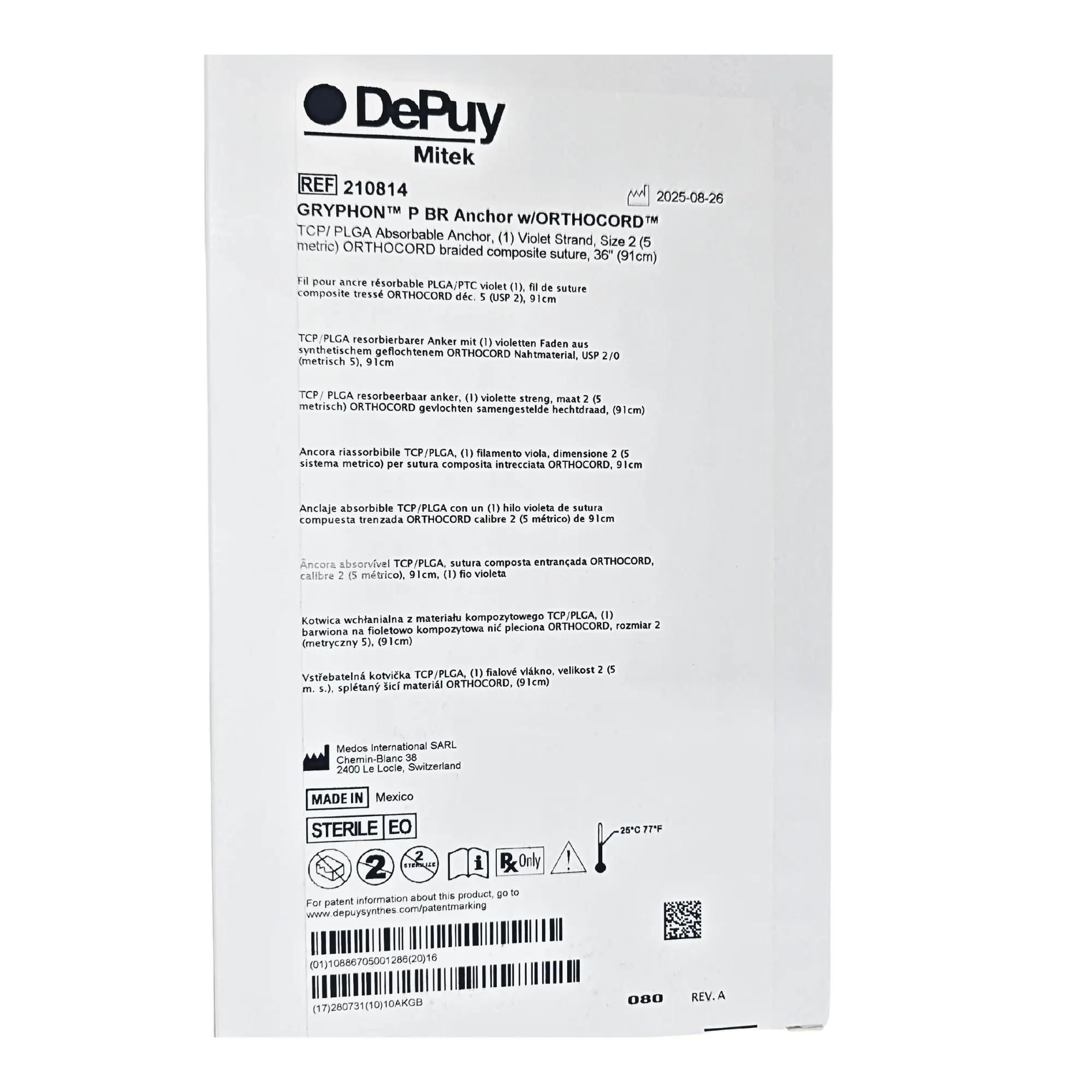 DePuy Mitek 210814 Gryphon P BR Anchor with #2 Orthocord Absorbable Biocryl - Image 2