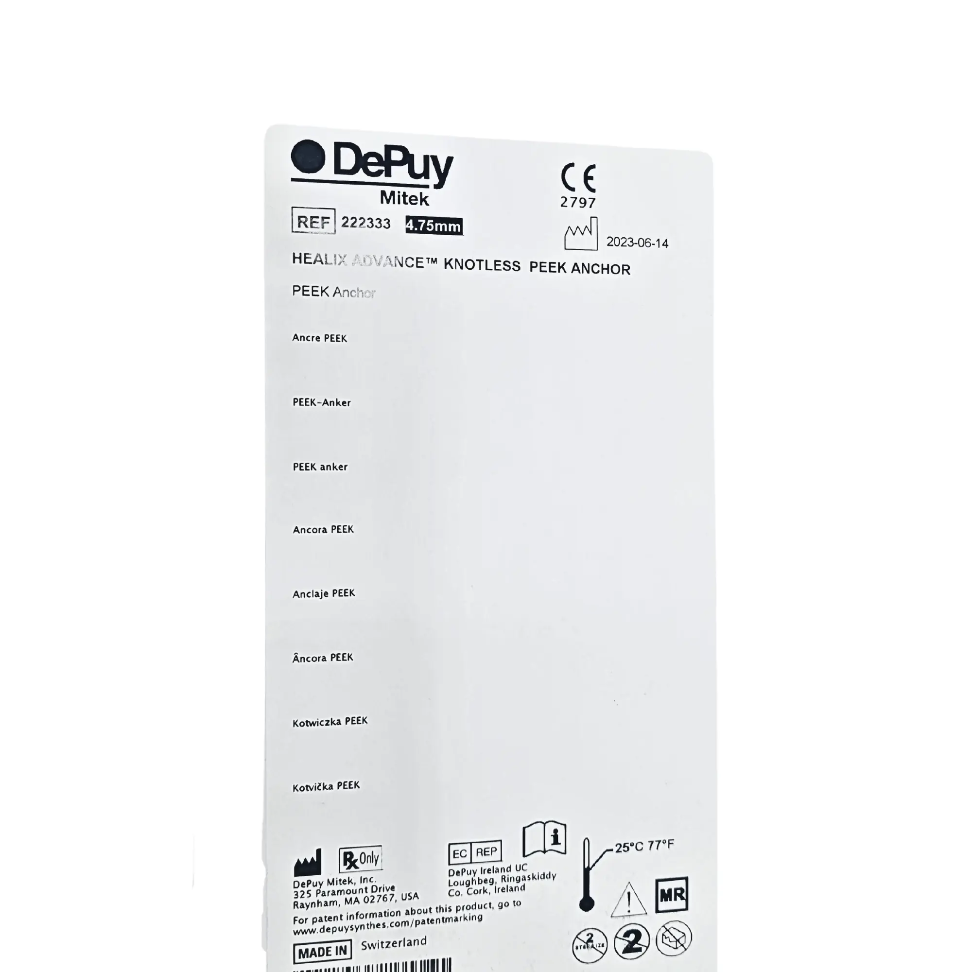 DePuy Mitek 222333 HEALIX ADVANCE Knotless PEEK Anchor – 4.75mm w/ Suture Tape - Image 2