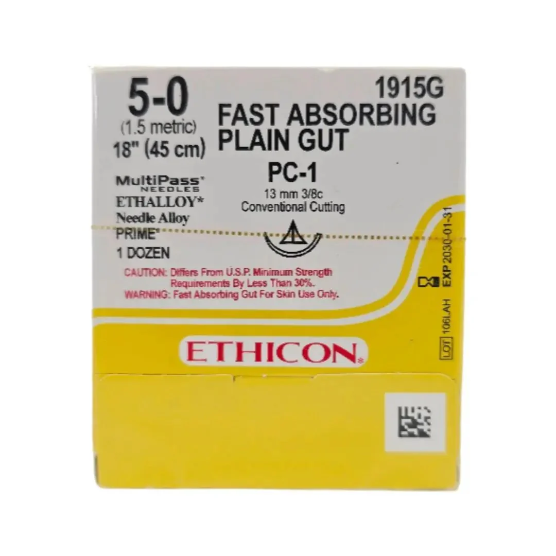 Ethicon 1915G FAST ABSORBING PLAIN GUT 5-0 Yellowish Tan 1X18" PC-1 13mm BX/12