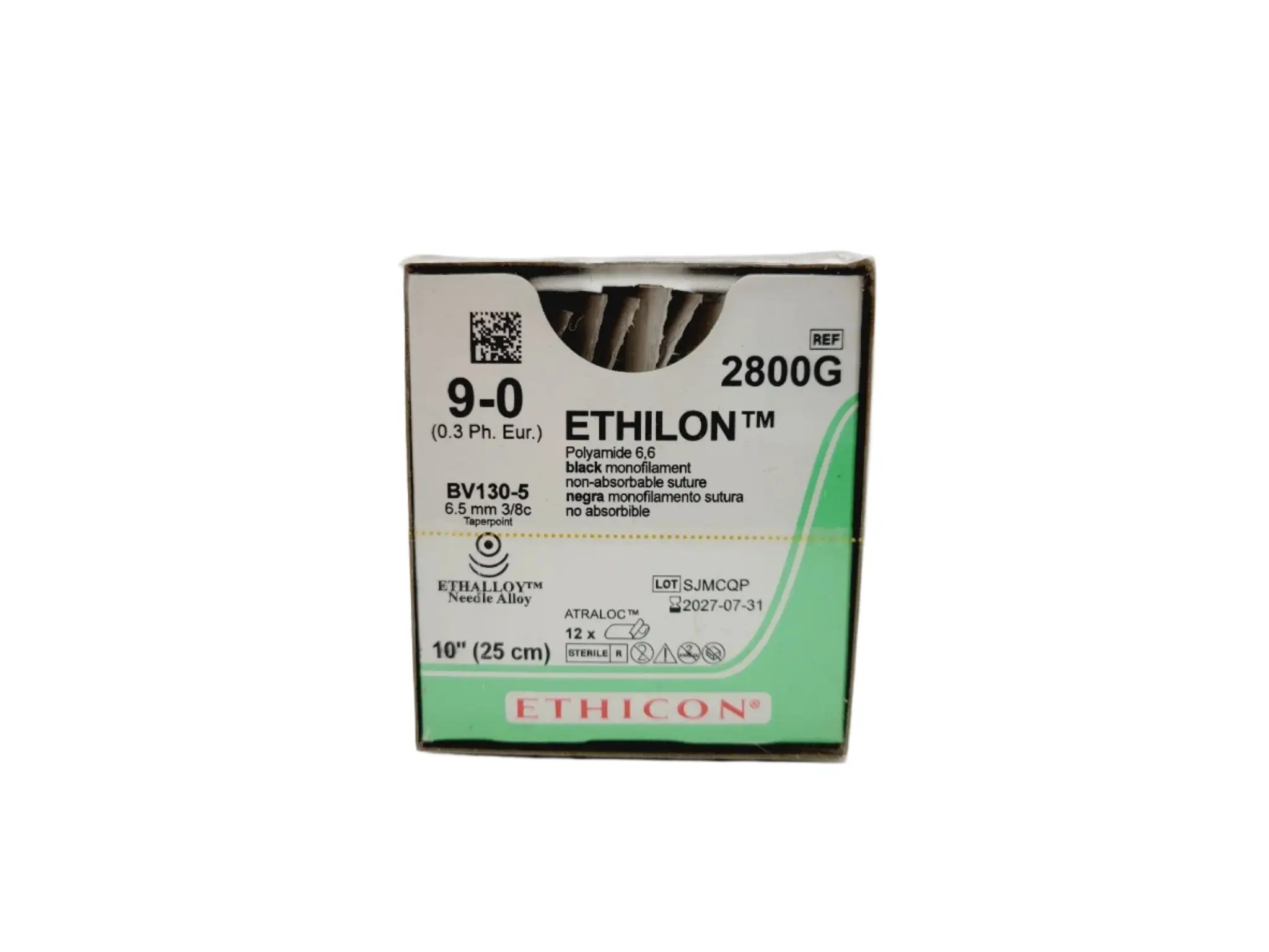 Ethicon 2800G 9-0 ETHILON BLACK 1X10" BV130-5 DOUBLE ARMED, Box of 12