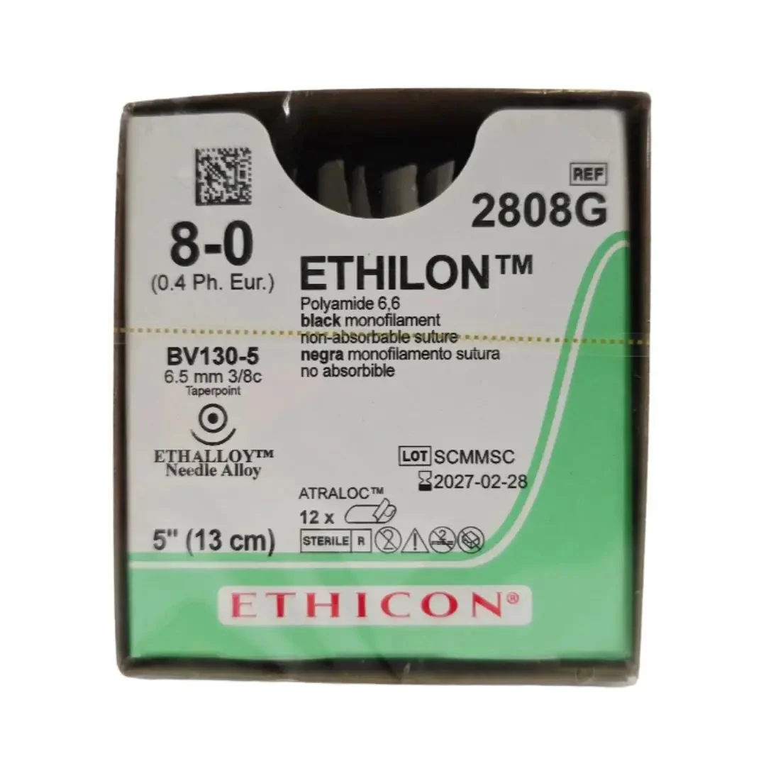 Ethicon 2808G ETHILON 8-0 Black 1X5" BV130-5 6.5mm ETHALLOY Needle Alloy BX/12