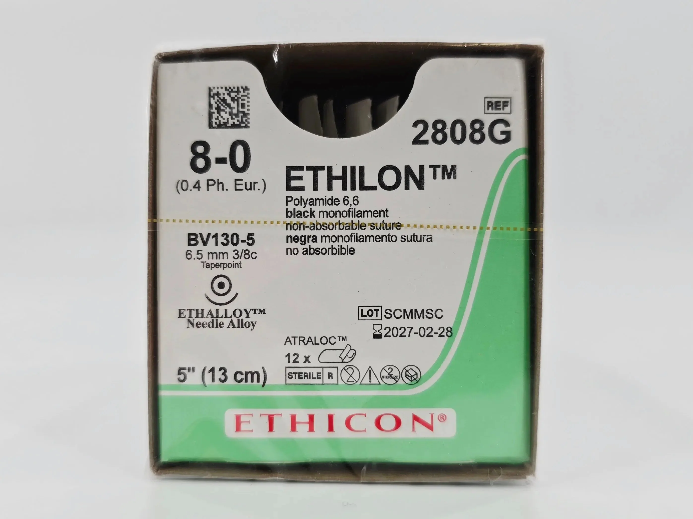 Ethicon 2808G ETHILON 8-0 Black 1X5" BV130-5 6.5mm ETHALLOY Needle Alloy BX/12 - Image 2
