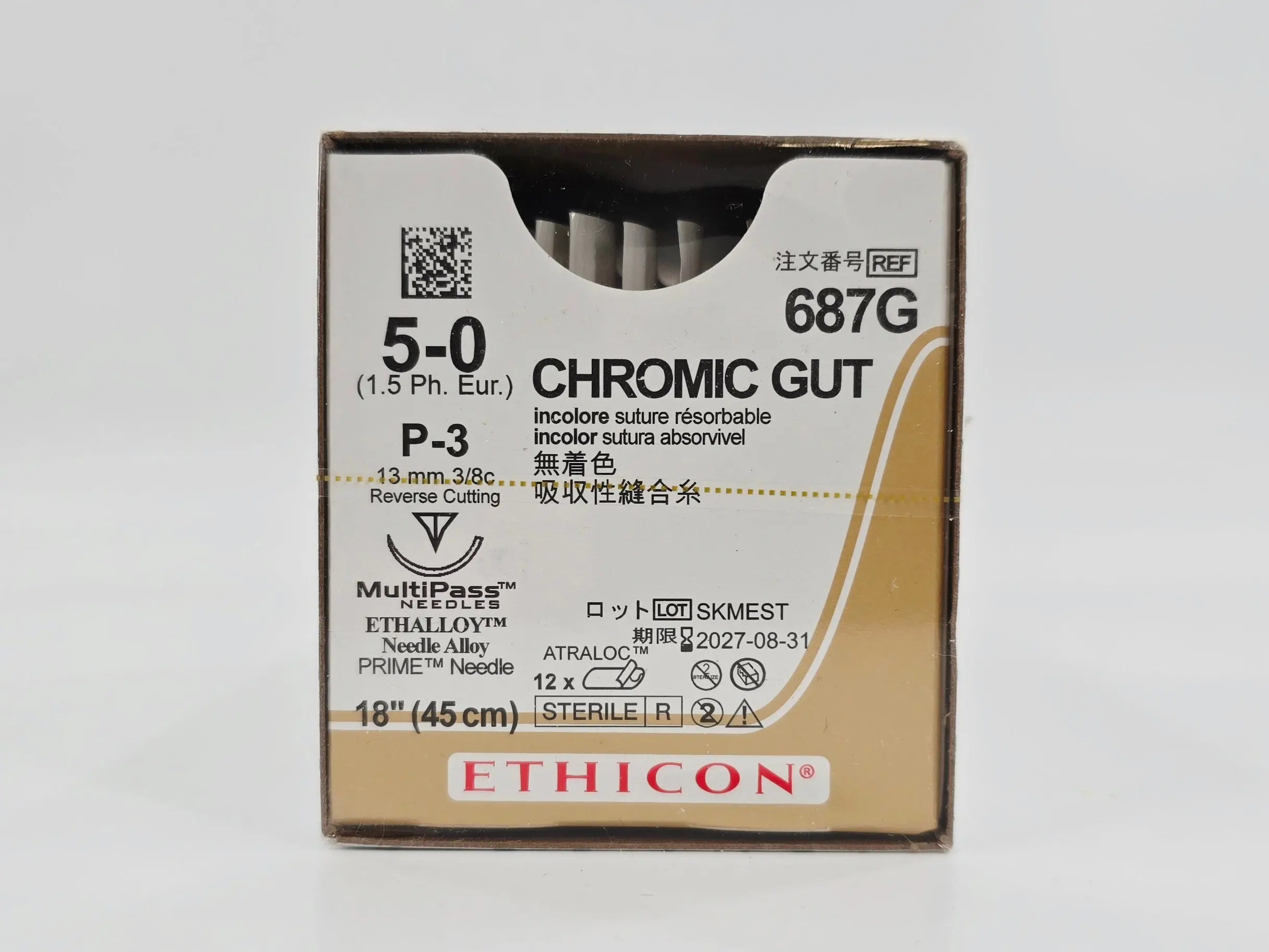 Ethicon 687G CHROMIC GUT 5-0 Naturally BROWN 1X18" P-3 13mm BX/12 - Image 2