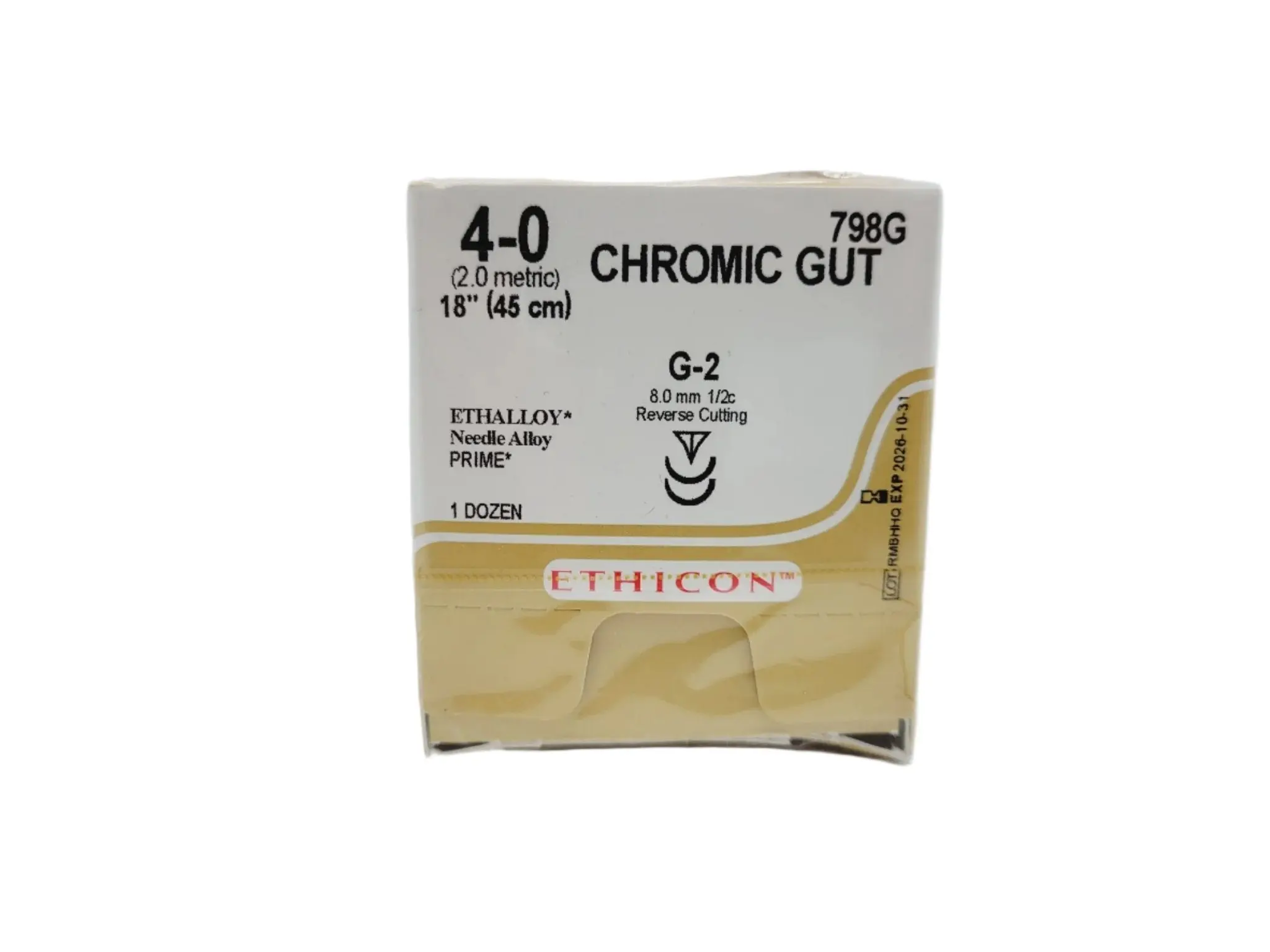 Ethicon CHROMIC GUT 798G 4-0 G-2 8mm Undyed Naturally Brown 18", Box of 12