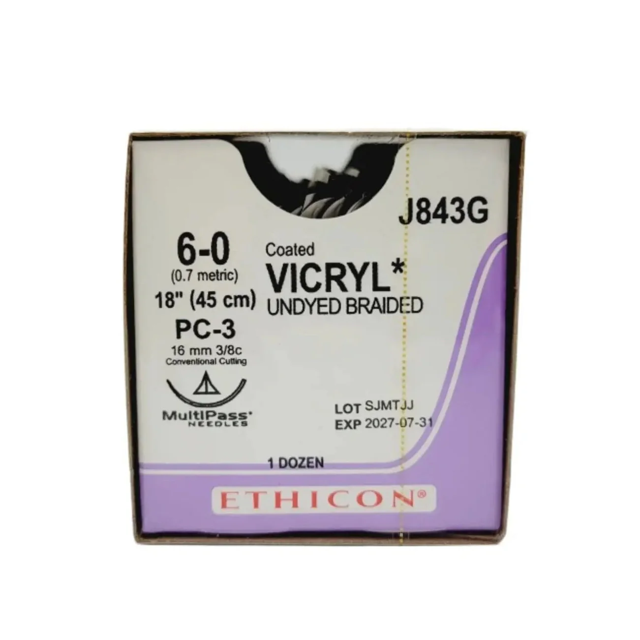 Ethicon Coated VICRYL J843G 6-0 PC-3 16mm Undyed Braided 18" Box of 12