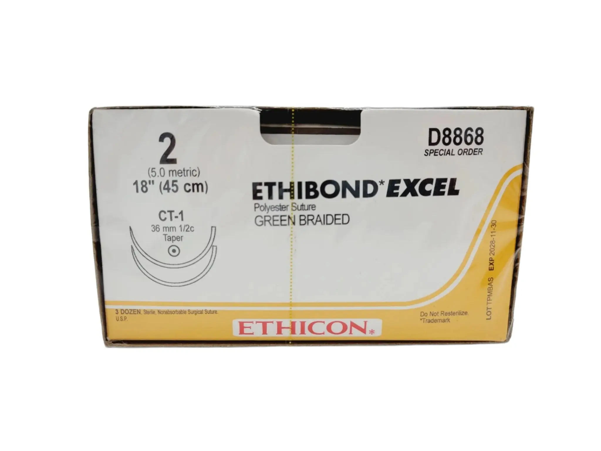 Ethicon D8868 2 ETHIBOND GREEN 1X18" CT-1 DOUBLE ARMED, Box of 36