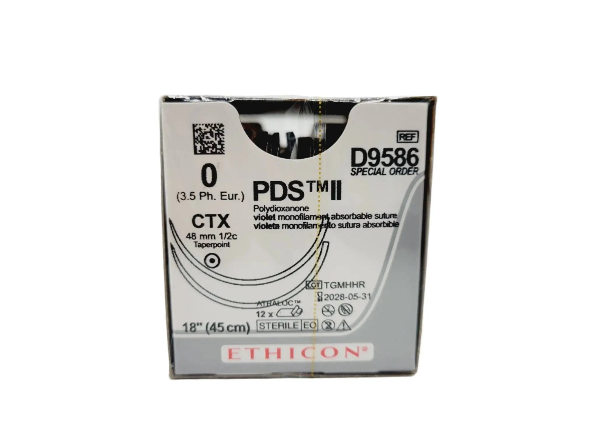 Ethicon D9586 PDS II 0 VIOLET 1X18" CTX DOUBLE ARMED, Box of 12