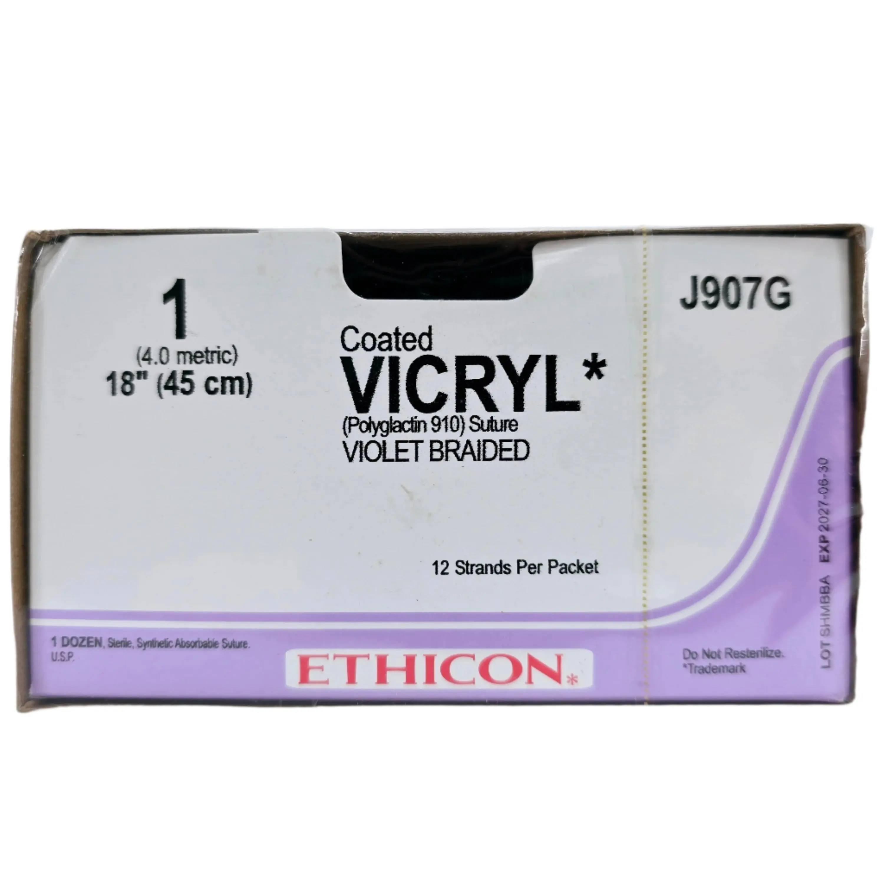 Ethicon J907G 1 COATED VICRYL VIOLET 12X18" TIE Box of 12