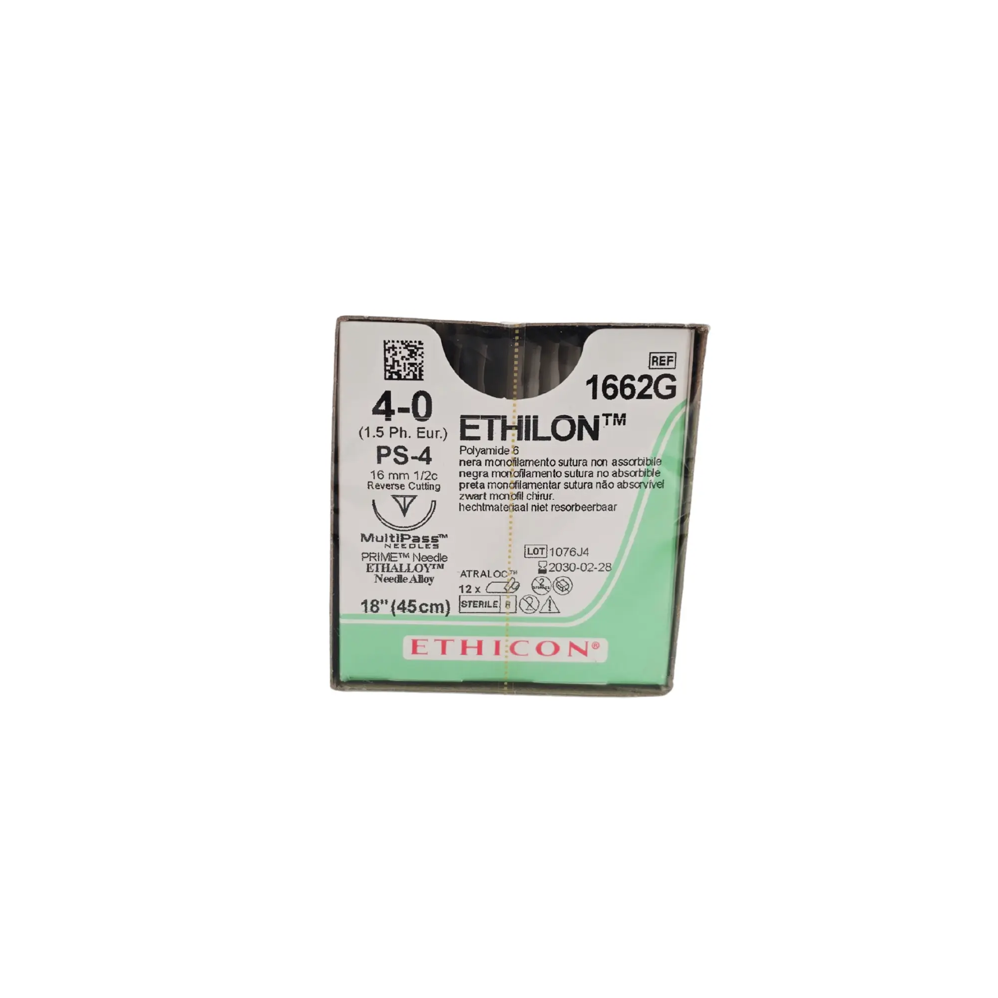 Ethicon Ethilon 1662G Nylon Suture - Size 4-0, 18" Black Monofilament, PS-4 Needle (Box of 12)
