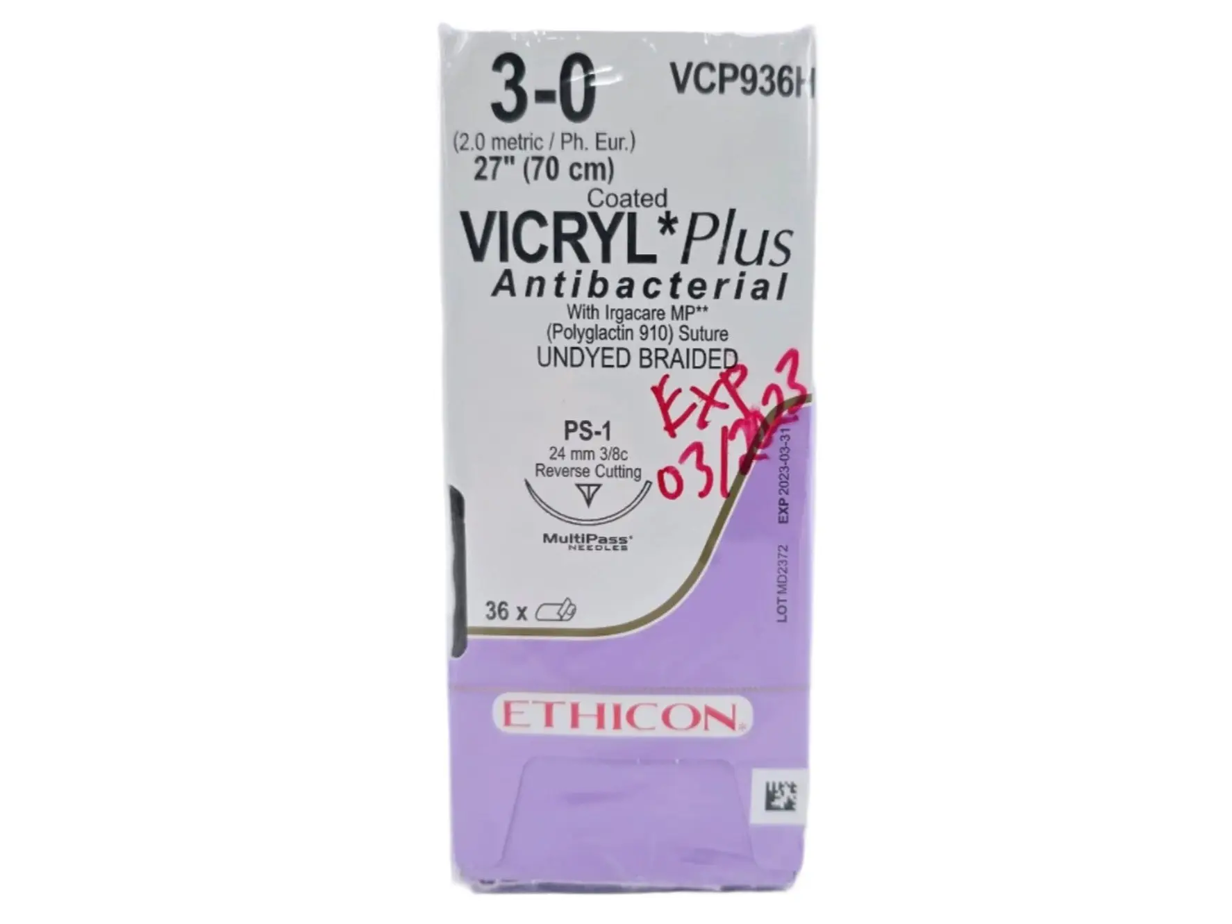 Ethicon VCP936H 3-0 Coated Vicryl Plus Undyed 1x27" PS-1 Box of 36