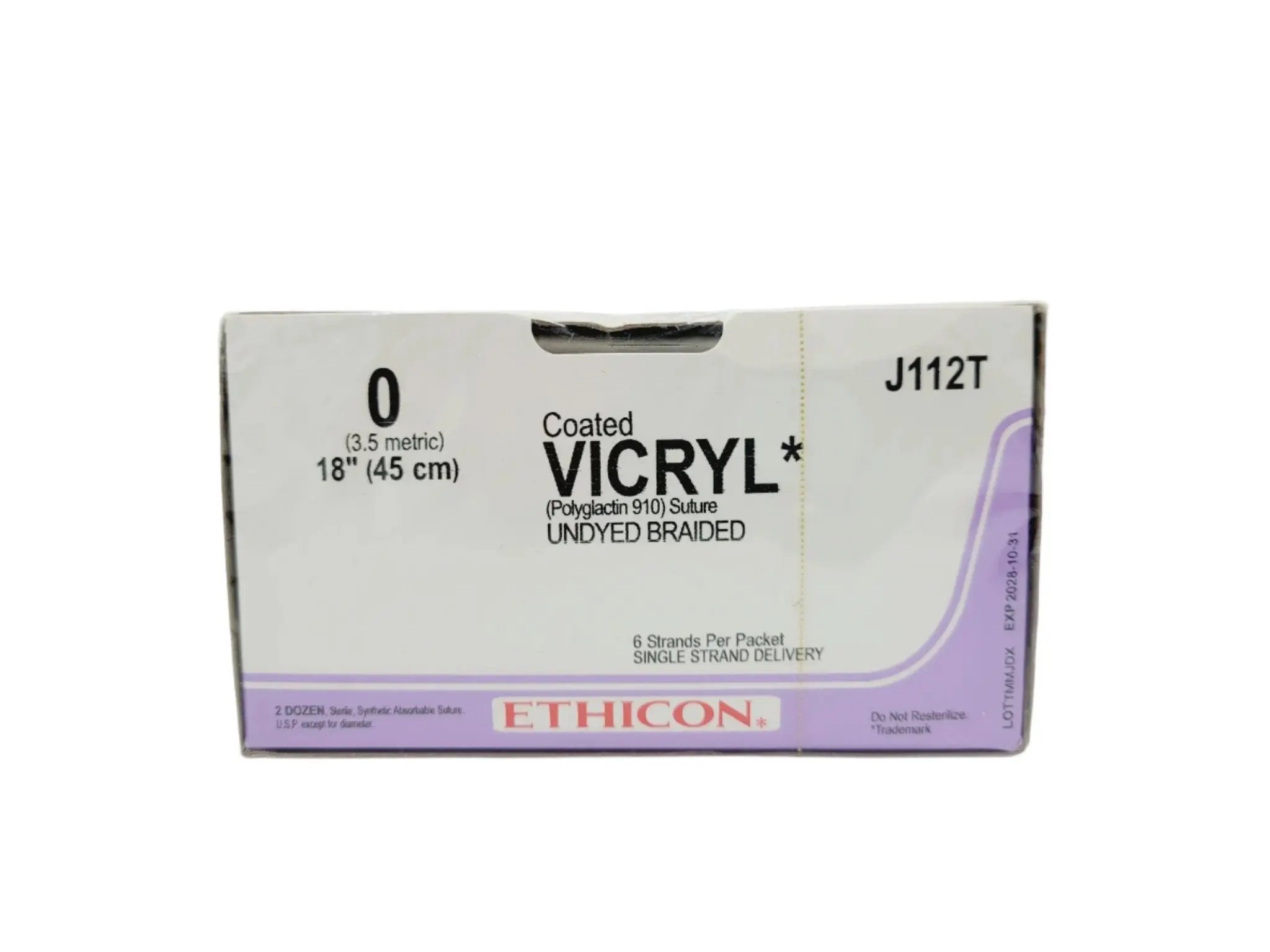 Ethicon J112T 0 COATED VICRYL 1X18" UNDYED Box of 24