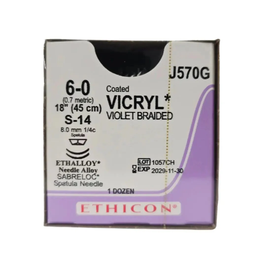 Ethicon J570G Coated VICRYL 6-0 Violet 1X18" S-14 8mm ETHALLOY Needle Alloy SABRELOC Spatula Needle BX/12
