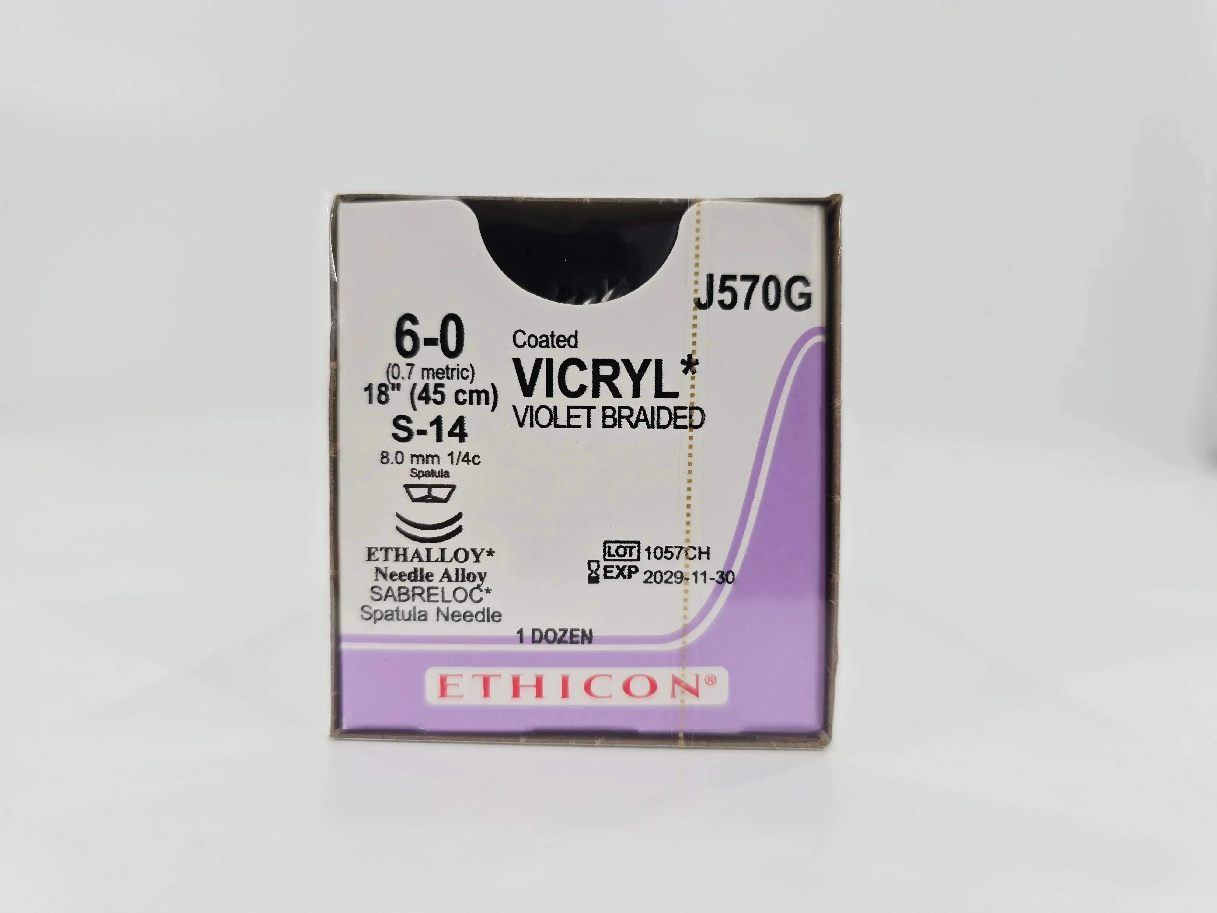 Ethicon J570G Coated VICRYL 6-0 Violet 1X18" S-14 8mm ETHALLOY Needle Alloy SABRELOC Spatula Needle BX/12 - Image 2