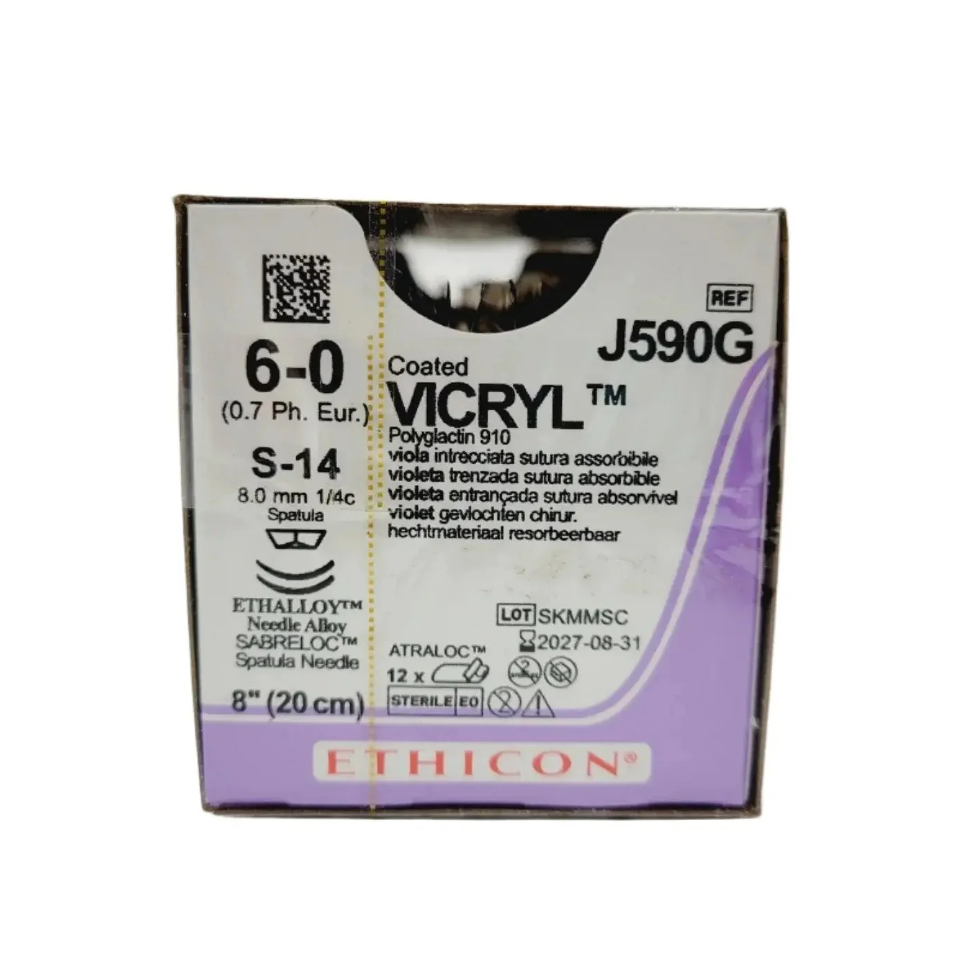 Ethicon J590G 6-0 COATED VICRYL VIOLET 1X8" S-14 DOUBLE ARMED, Box of 12