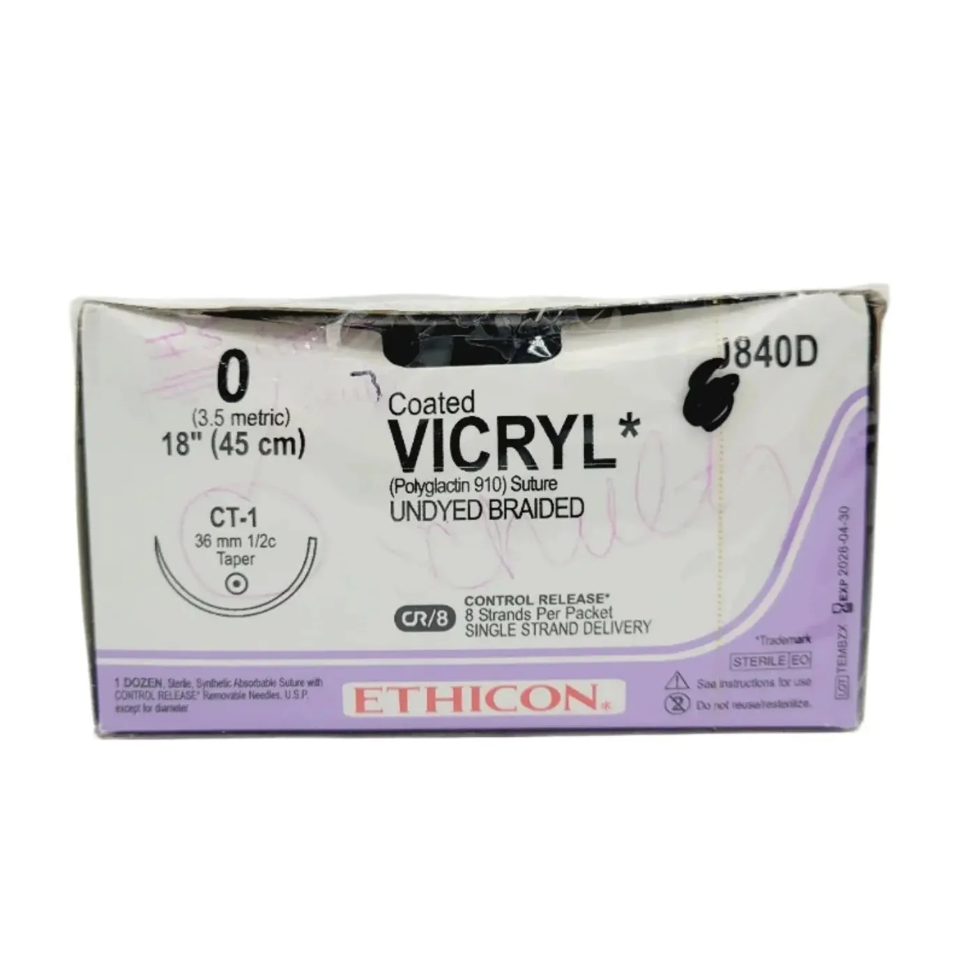 Ethicon J840D 0 COATED VICRYL 1X18" CT-1 UNDYED Box of 12