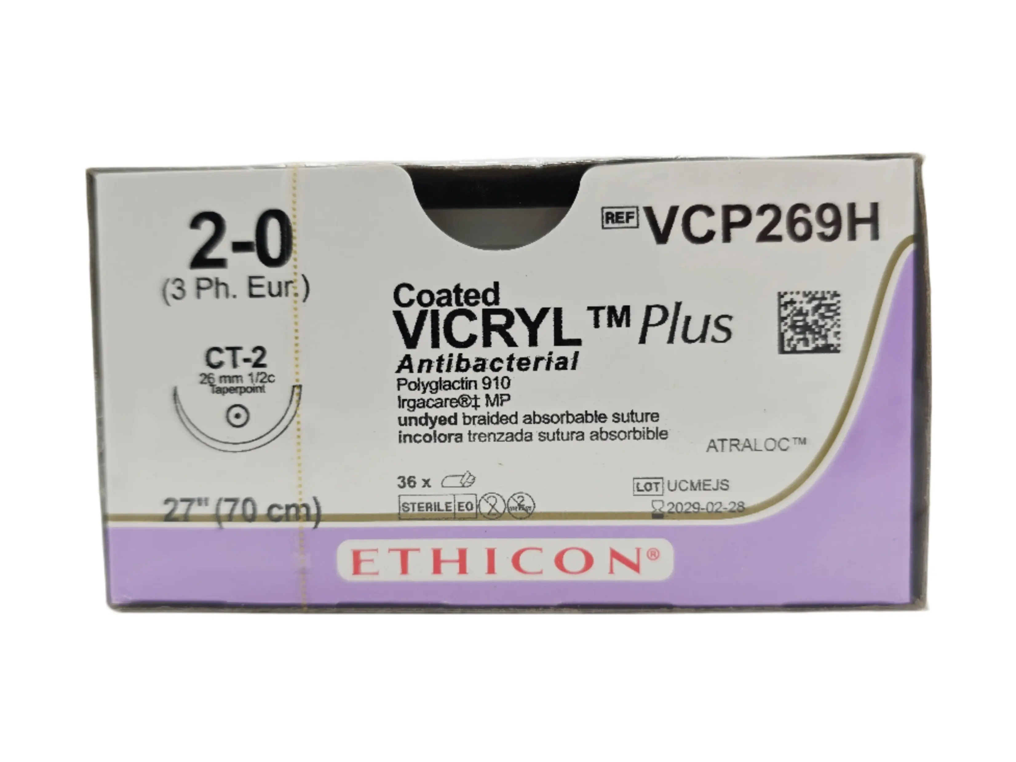 Ethicon VCP269H 2-0 Coated VICRYL Plus 1X27" CT-2 BX/36 - Image 2