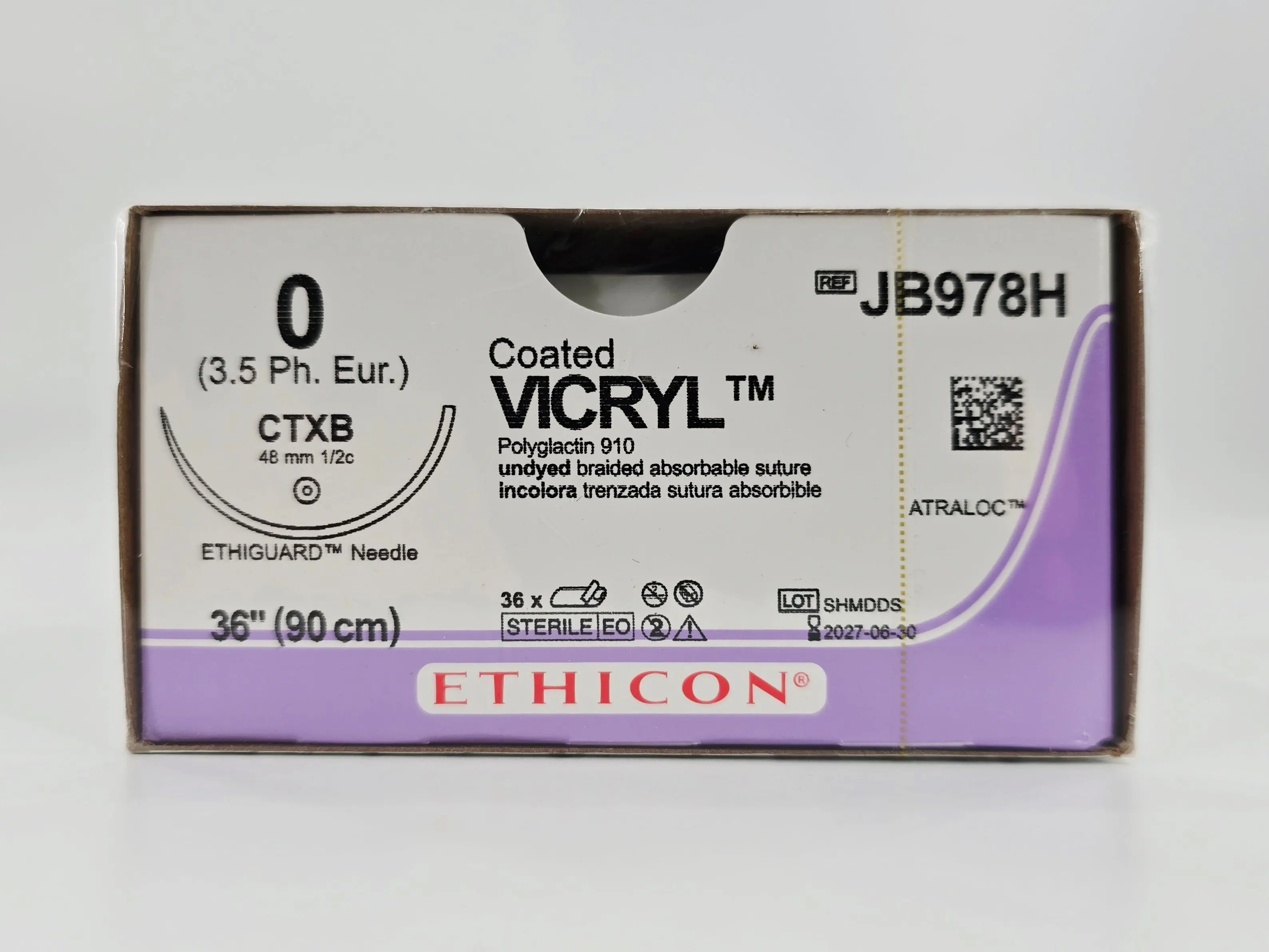 Ethicon JB978H 0 Coated VICRYL 1X36" CTXB 48mm ETHIGUARD Blunt Point BX/36 - Image 2