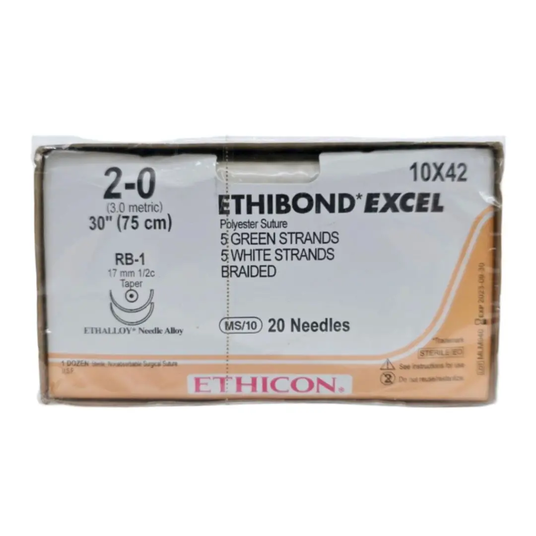 Ethicon 10X42 2-0 Ethibond Grn/wht 10x30" RB-1 Double Armed Box of 12