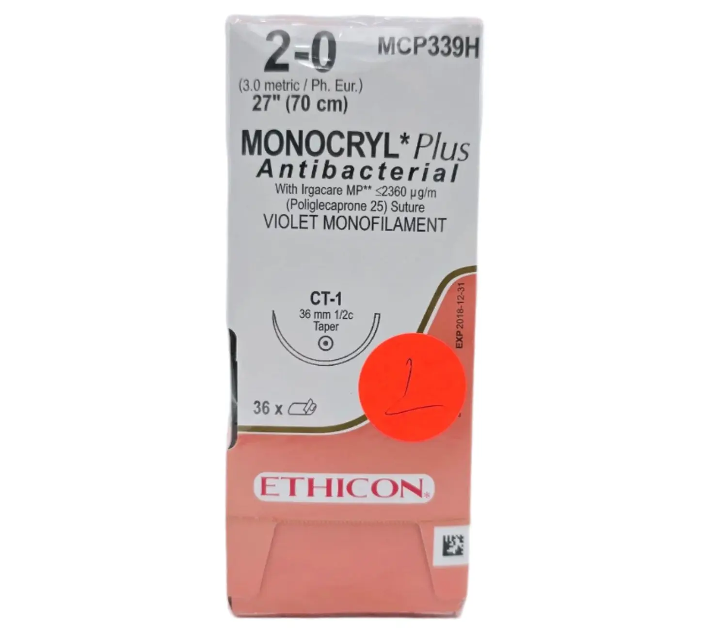Ethicon Monocryl Plus MCP339H 2-0 CT-1 1x27" Box Of 36