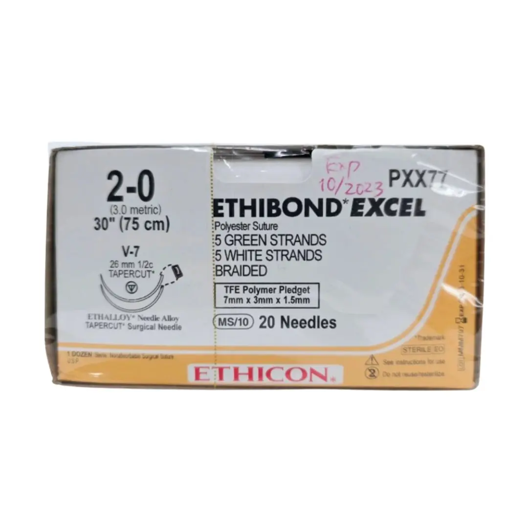Ethicon PXX77 2-0 Ethibond Excel Grn/wht 10x30" V-7 Double Armed Firm Pledget 7mm x 3mm x 1.5mm Box of 12