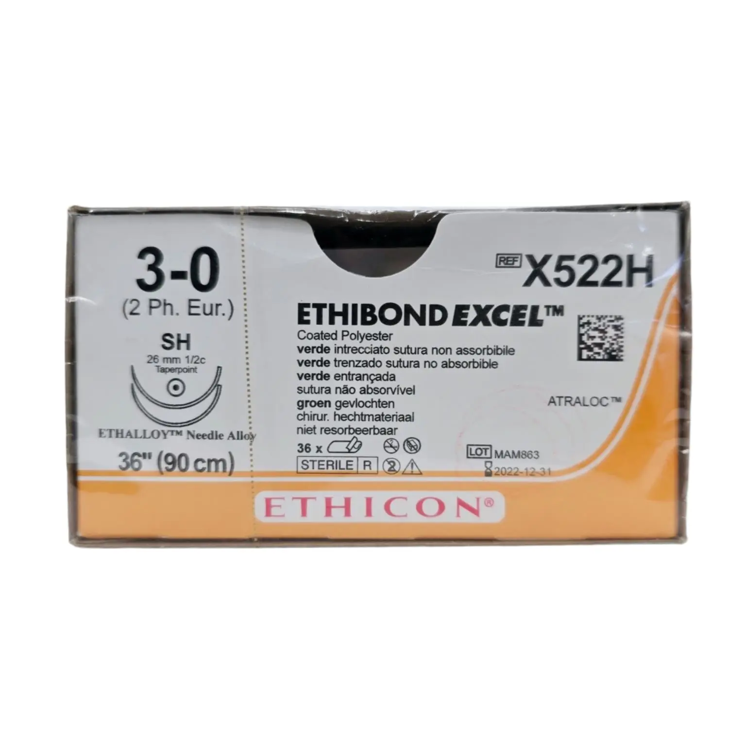 Ethicon X522H 3-0 Ethibond Green 1x36" SH Double Armed Box Of 36