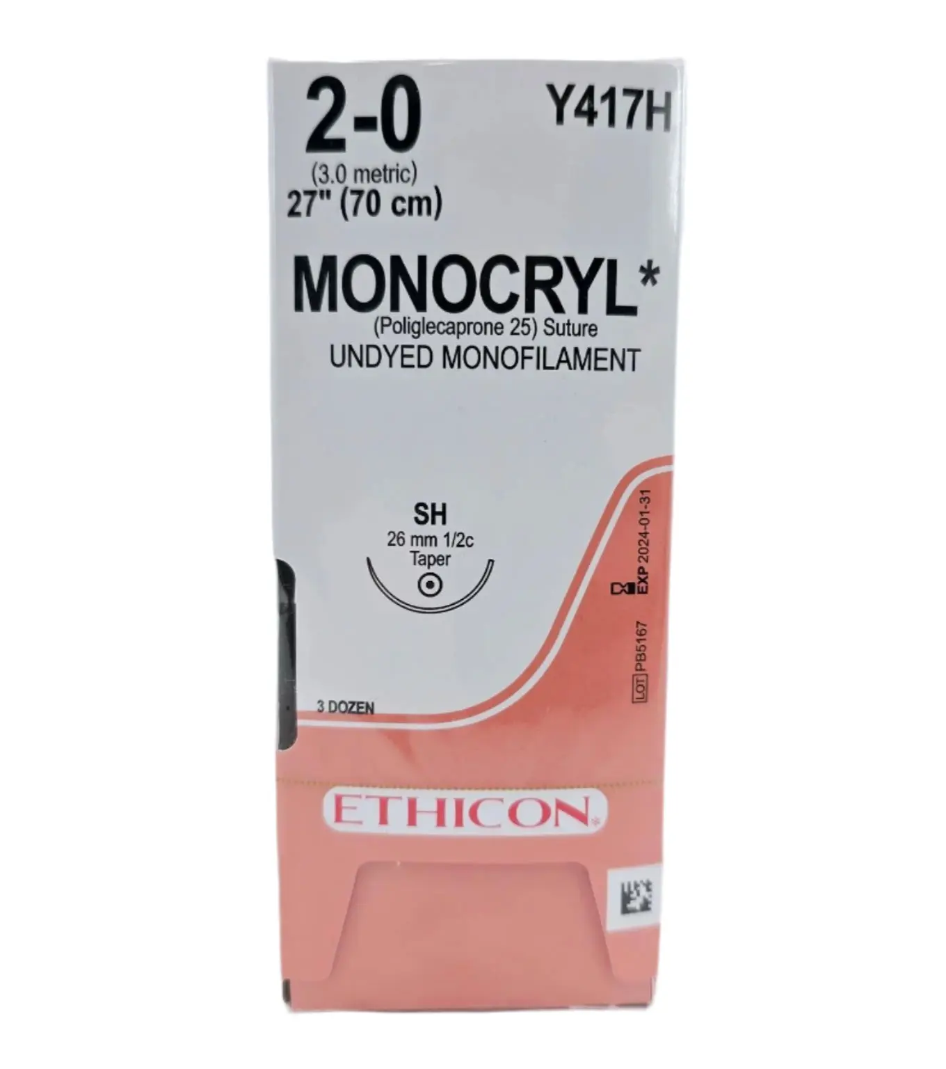 Ethicon Y417H 2-0 Monocryl Undyed 1x27" SH Box Of 36