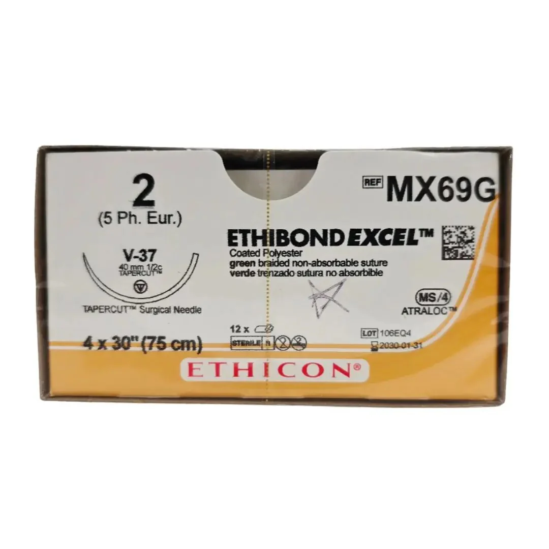 Ethicon MX69G ETHIBOND EXCEL 2 Green 4X30" V-37 40mm TAPERCUT Surgical Needle BX/12