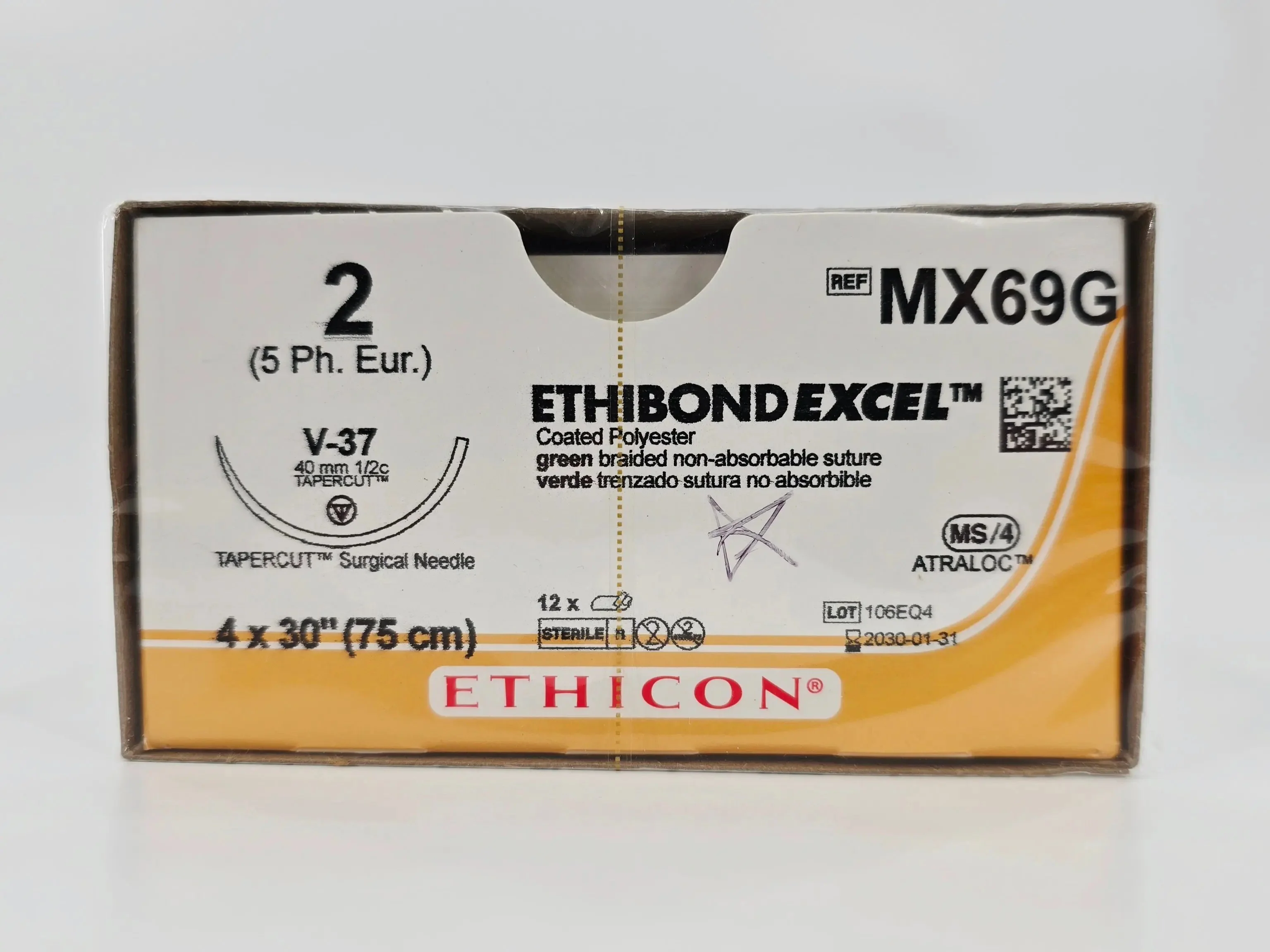 Ethicon MX69G ETHIBOND EXCEL 2 Green 4X30" V-37 40mm TAPERCUT Surgical Needle BX/12 - Image 2