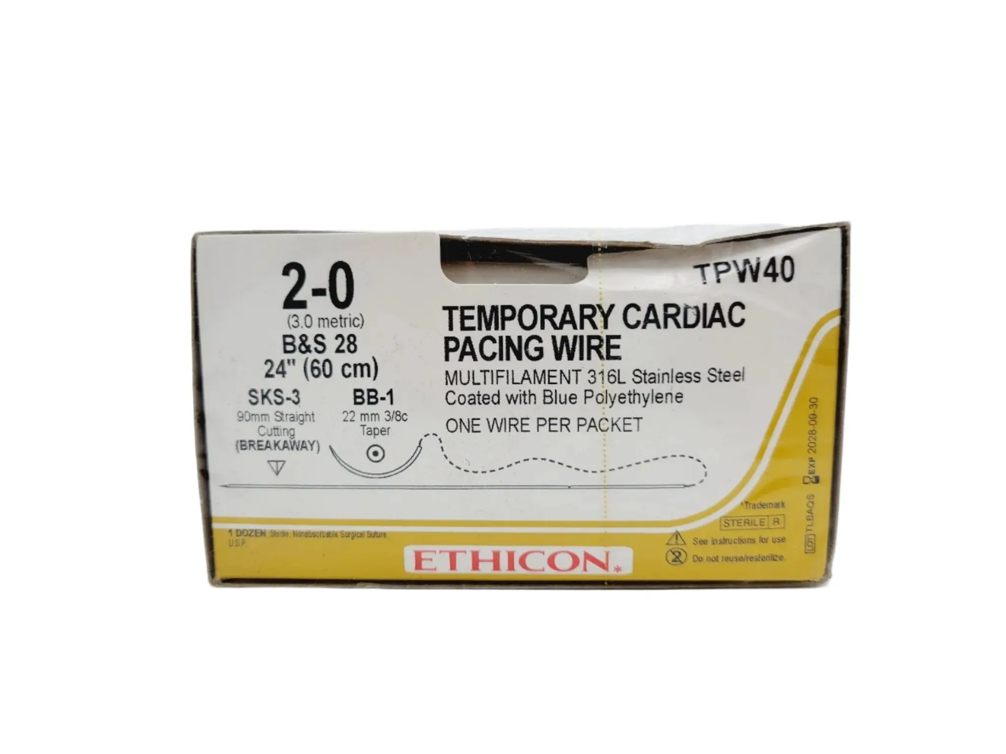 Ethicon TPW40 2-0 TEMP PACING WIRE DARK BLUE 1X24" BB-1, SKS-3, Box of 12