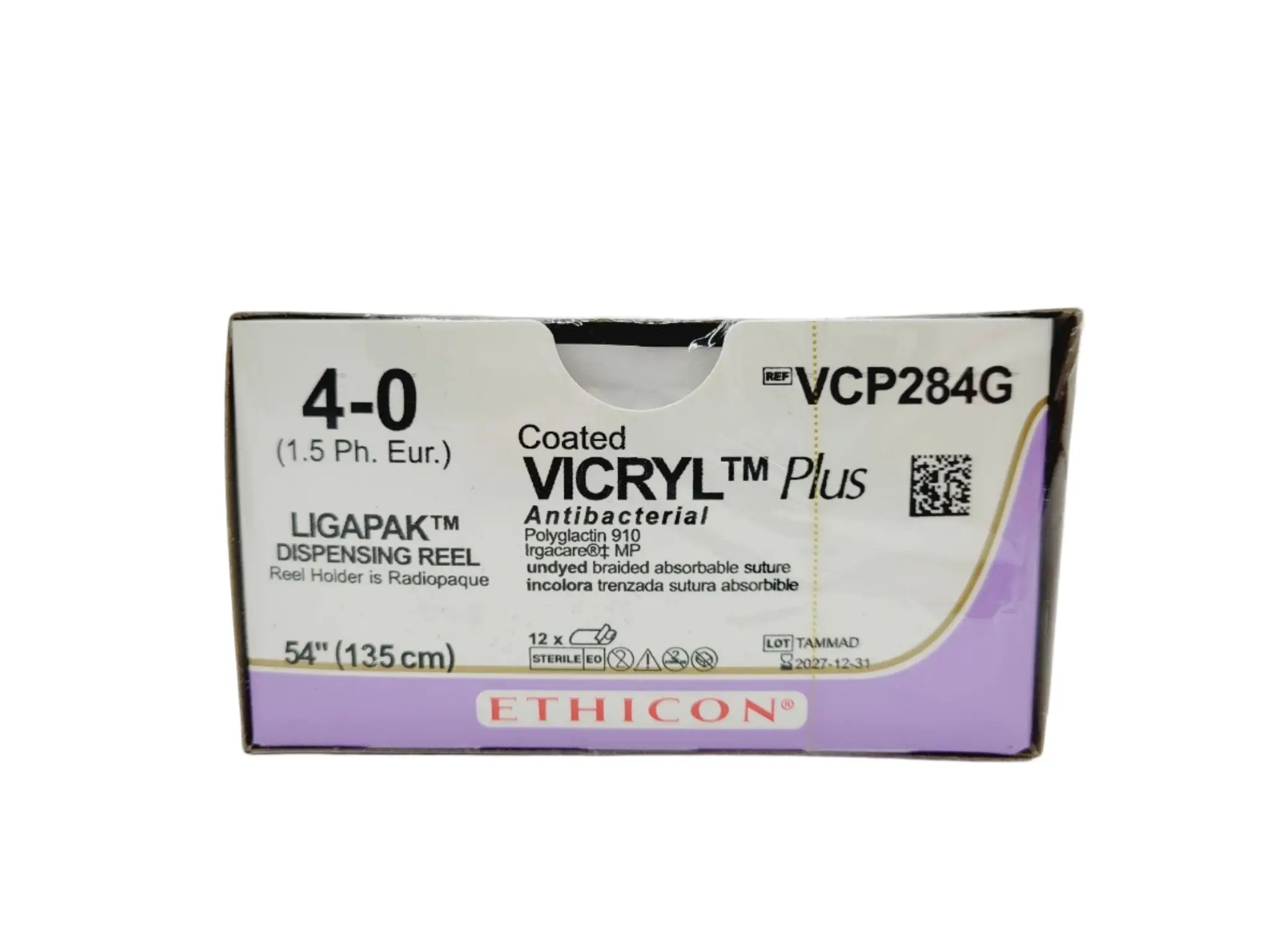 Ethicon VCP284G 4-0 COATED VICRYL PLUS UNDYED 54" LIGAPAK REEL 0, Box of 12