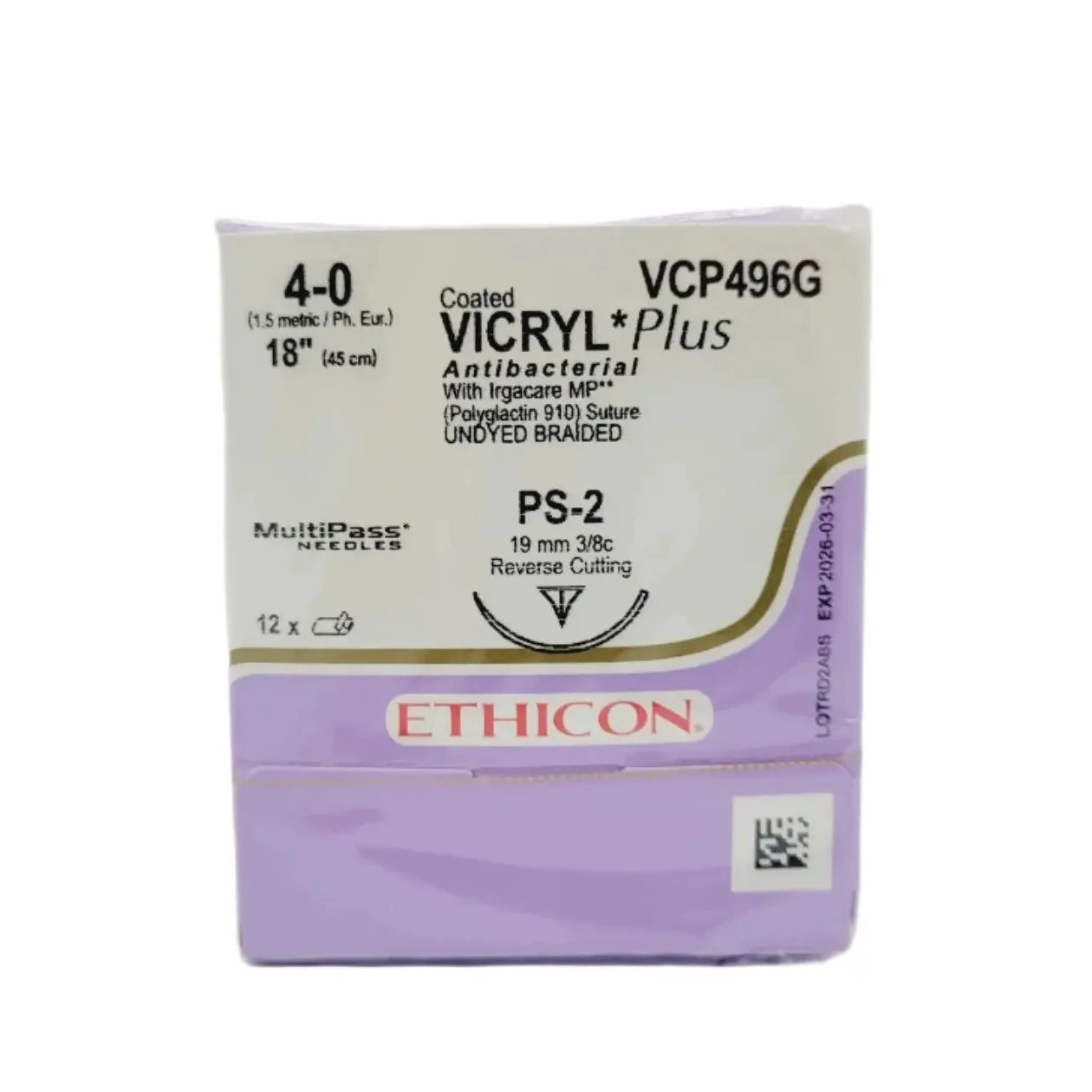 Ethicon VCP496G 4-0 VICRYL Plus 1X18" PS-2 UNDYED BRAIDED Box of 12