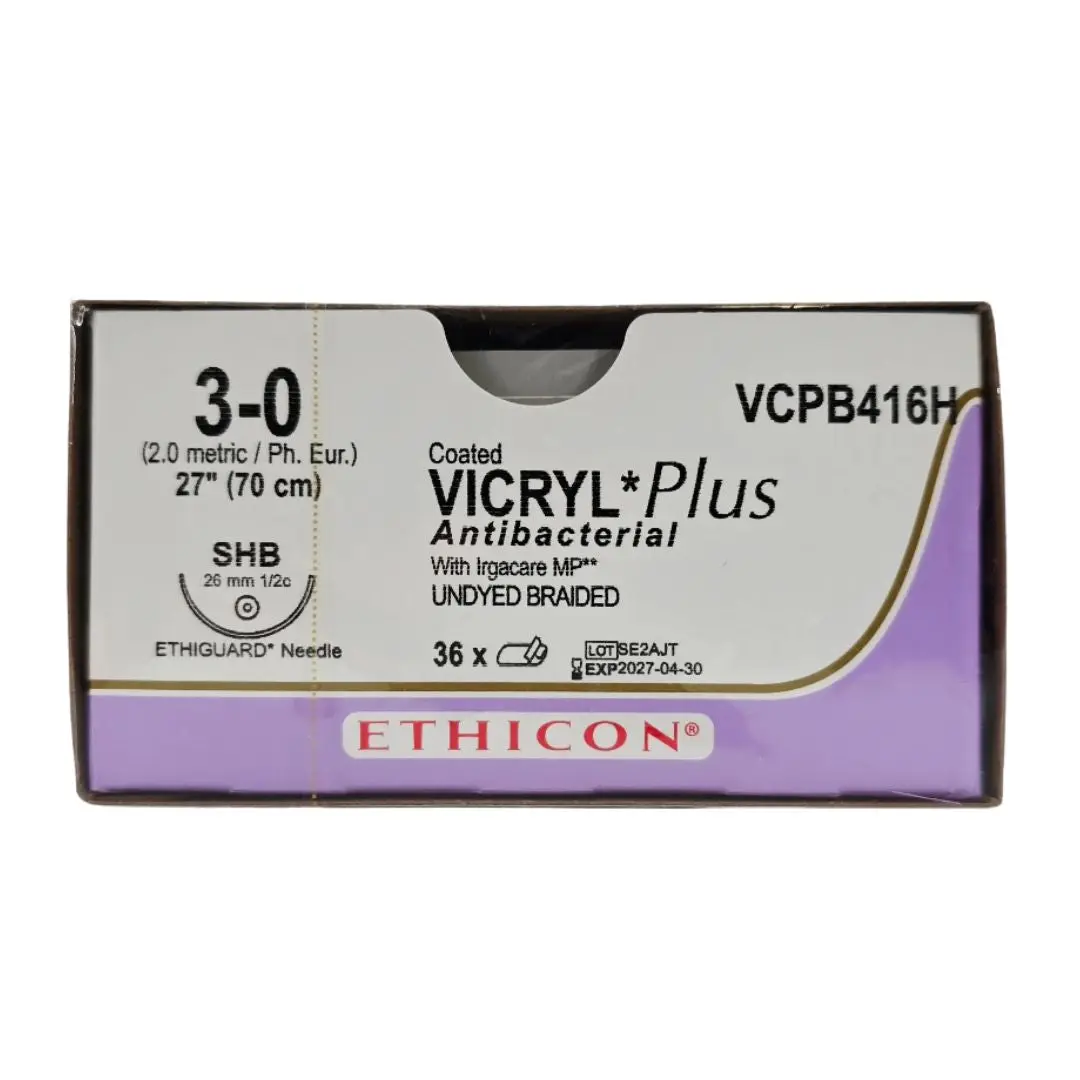 Ethicon VCPB416H 3-0 Coated VICRYL Plus 1X27" SHB 26mm ETHIGUARD Blunt Point BX/36