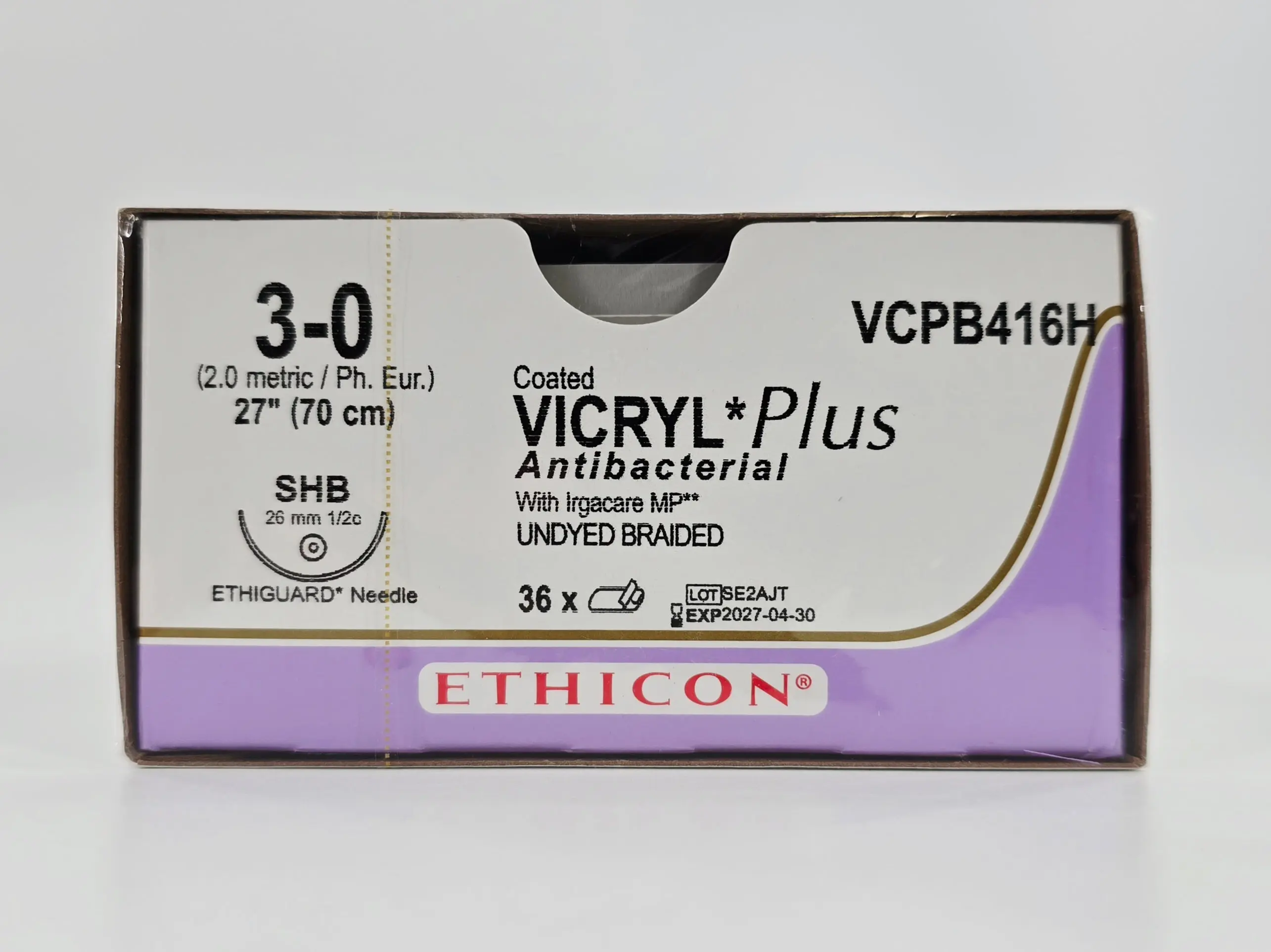 Ethicon VCPB416H 3-0 Coated VICRYL Plus 1X27" SHB 26mm ETHIGUARD Blunt Point BX/36 - Image 2