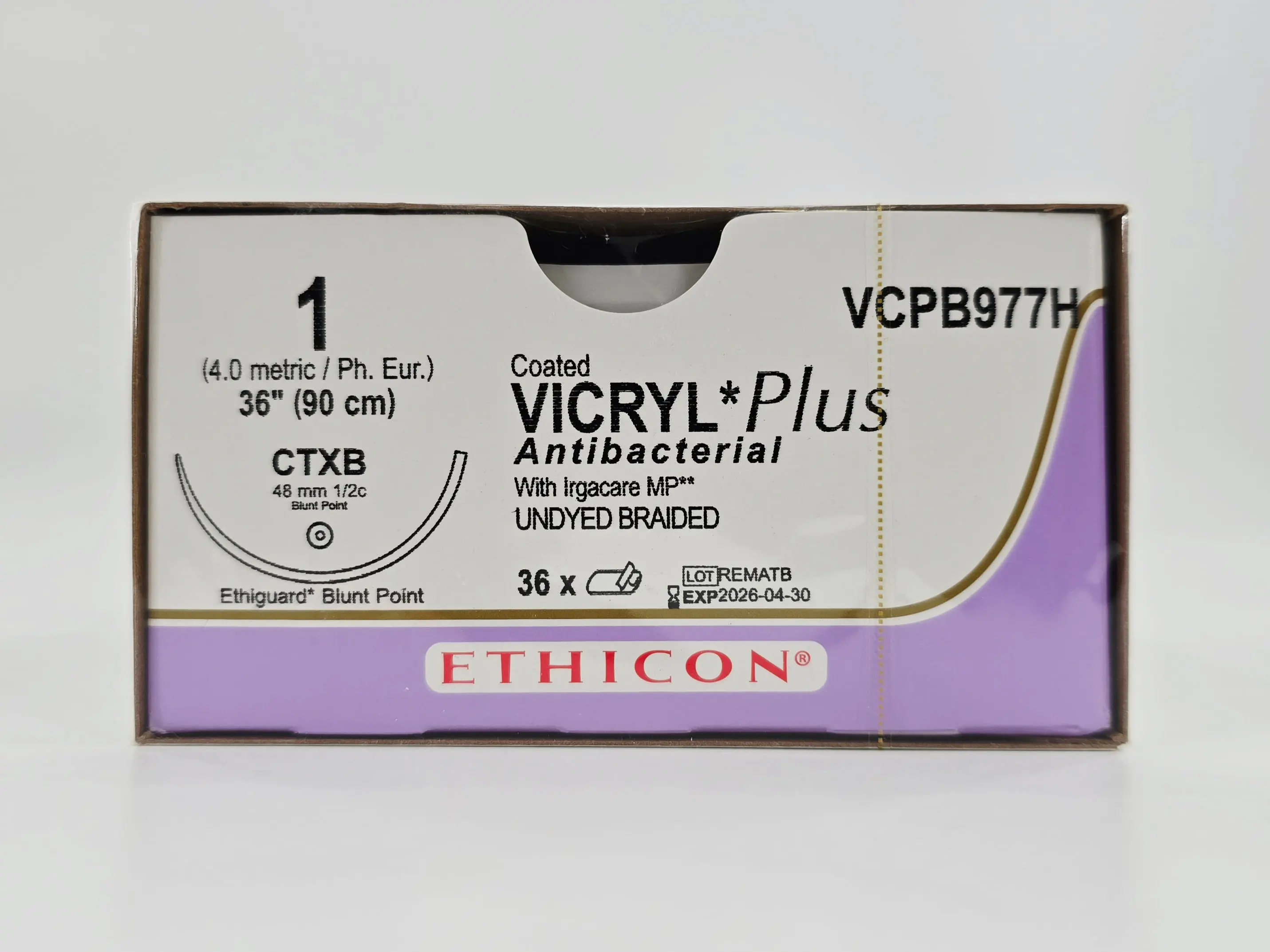 Ethicon VCPB977H 1 Coated VICRYL Plus 1X36" CTXB 48mm ETHIGUARD Blunt Point BX/36 - Image 2