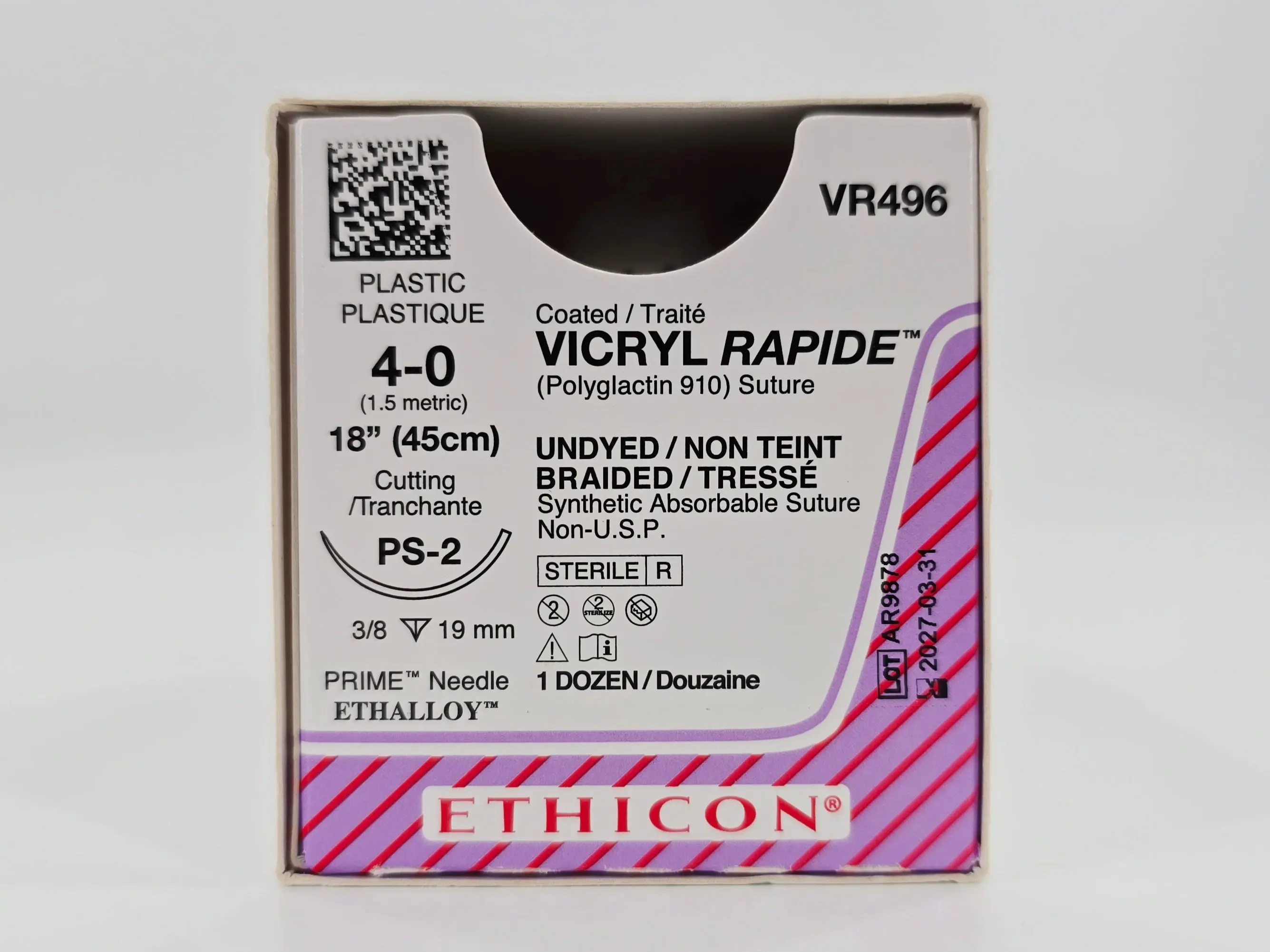 Ethicon VR496 4-0 Coated VICRYL RAPIDE Undyed 1X18" PS-2 19mm BX/12 OPEN BOX - FULL - Image 2