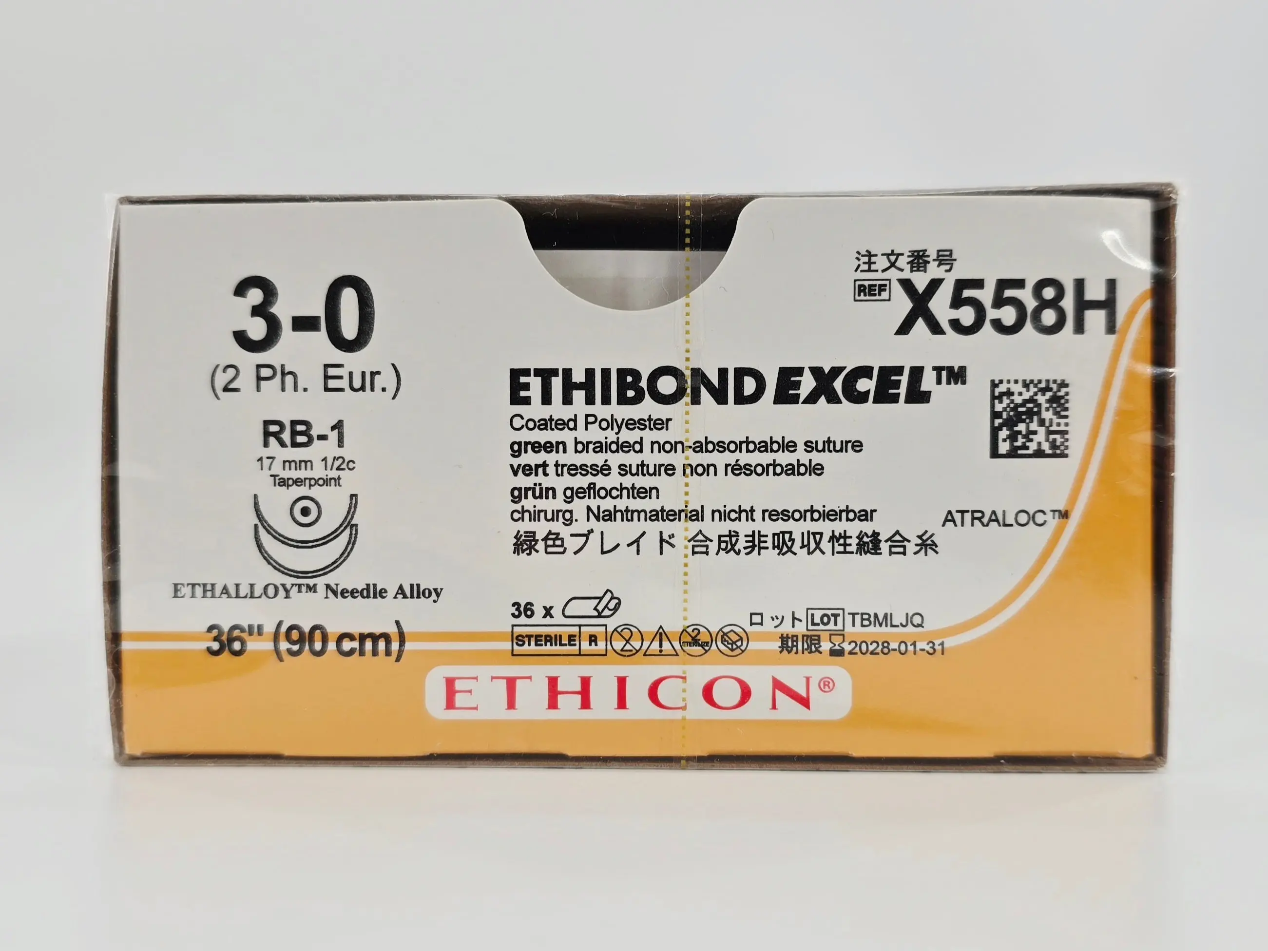 Ethicon X558H 3-0 ETHIBOND EXCEL Green 1X36" RB-1 17mm Taper Point BX/36 - Image 2