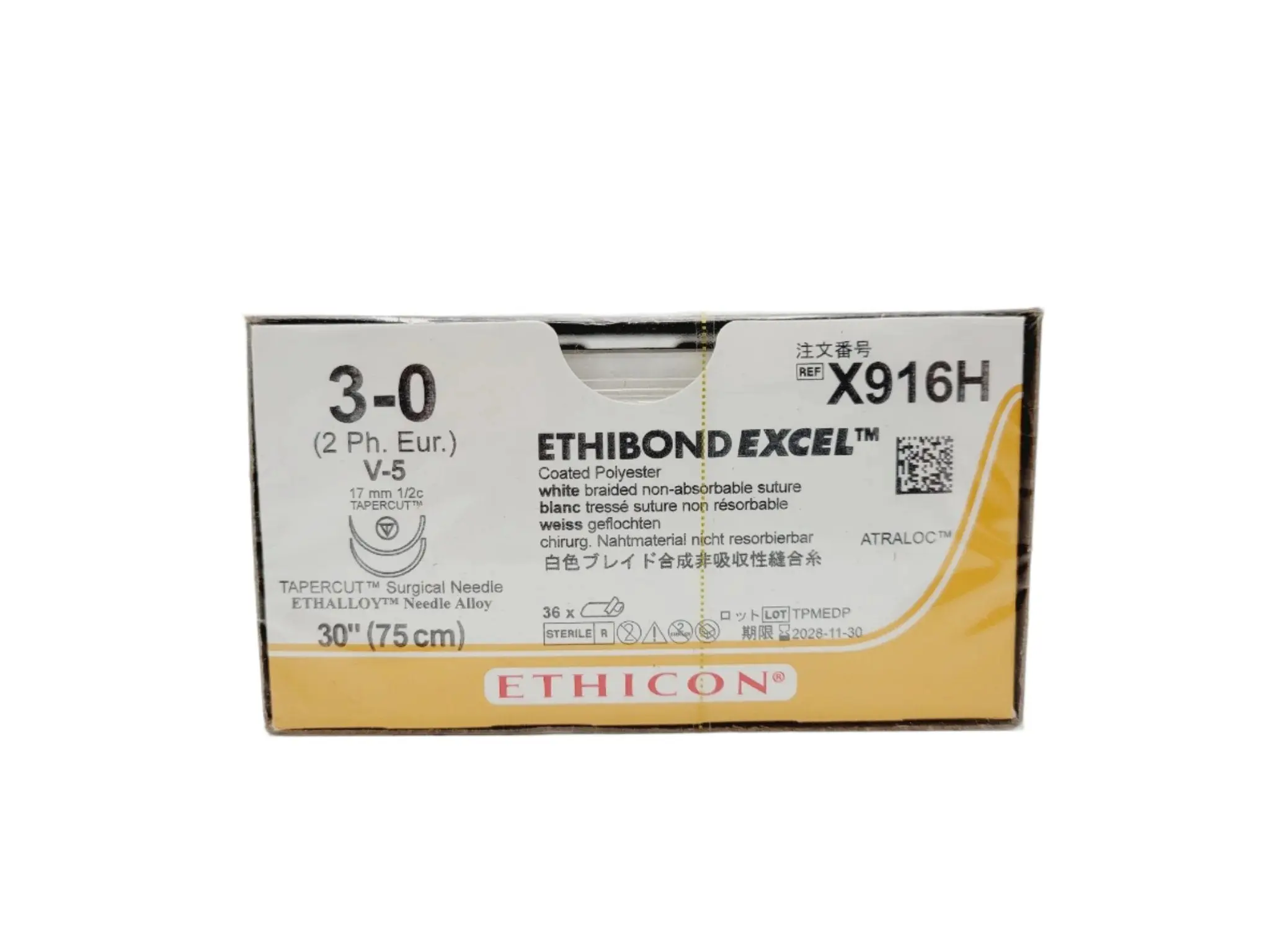 Ethicon X916H 3-0 ETHIBOND EXCEL WHITE 1X30" V-5 DOUBLE ARMED Box of 36