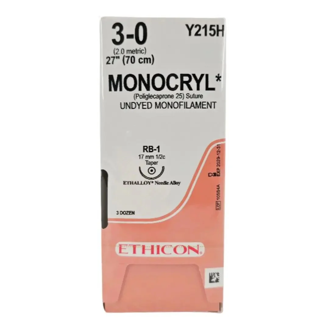 Ethicon Y215H MONOCRYL 3-0 Undyed 1X27" RB-1 17mm ETHALLOY BX/36