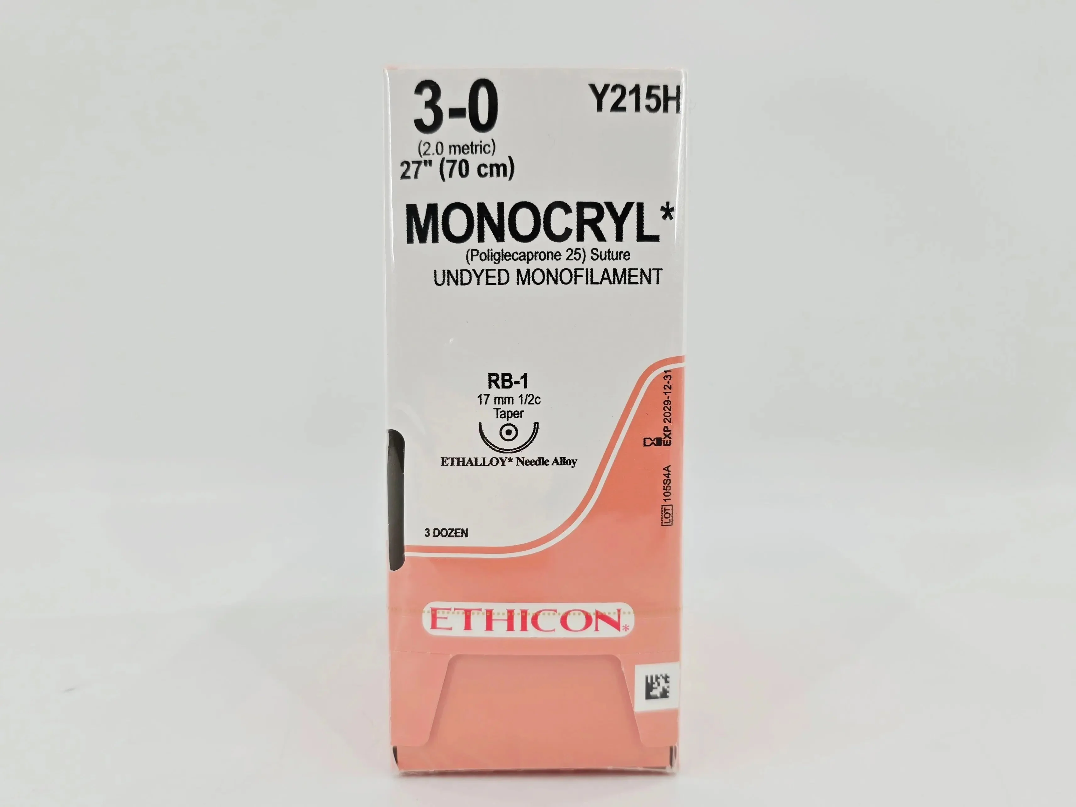 Ethicon Y215H MONOCRYL 3-0 Undyed 1X27" RB-1 17mm ETHALLOY BX/36 - Image 2