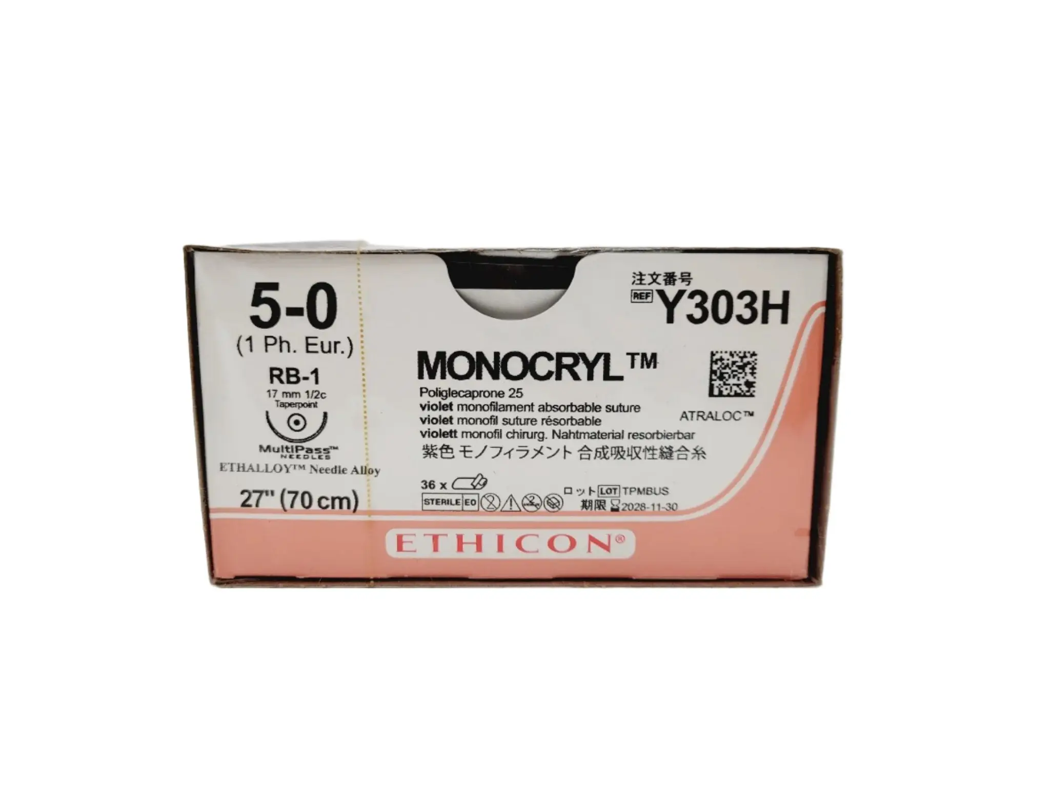 Ethicon Y303H 5-0 MONOCRYL VIOLET 1X27" RB-1 MULTIPASS Box of 36