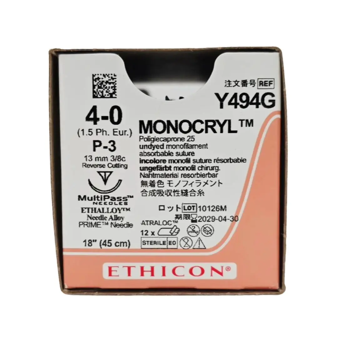 Ethicon Y494G 4-0 MONOCRYL Undyed 1X18" P-3 13mm BX/12 OPEN BOX - FULL