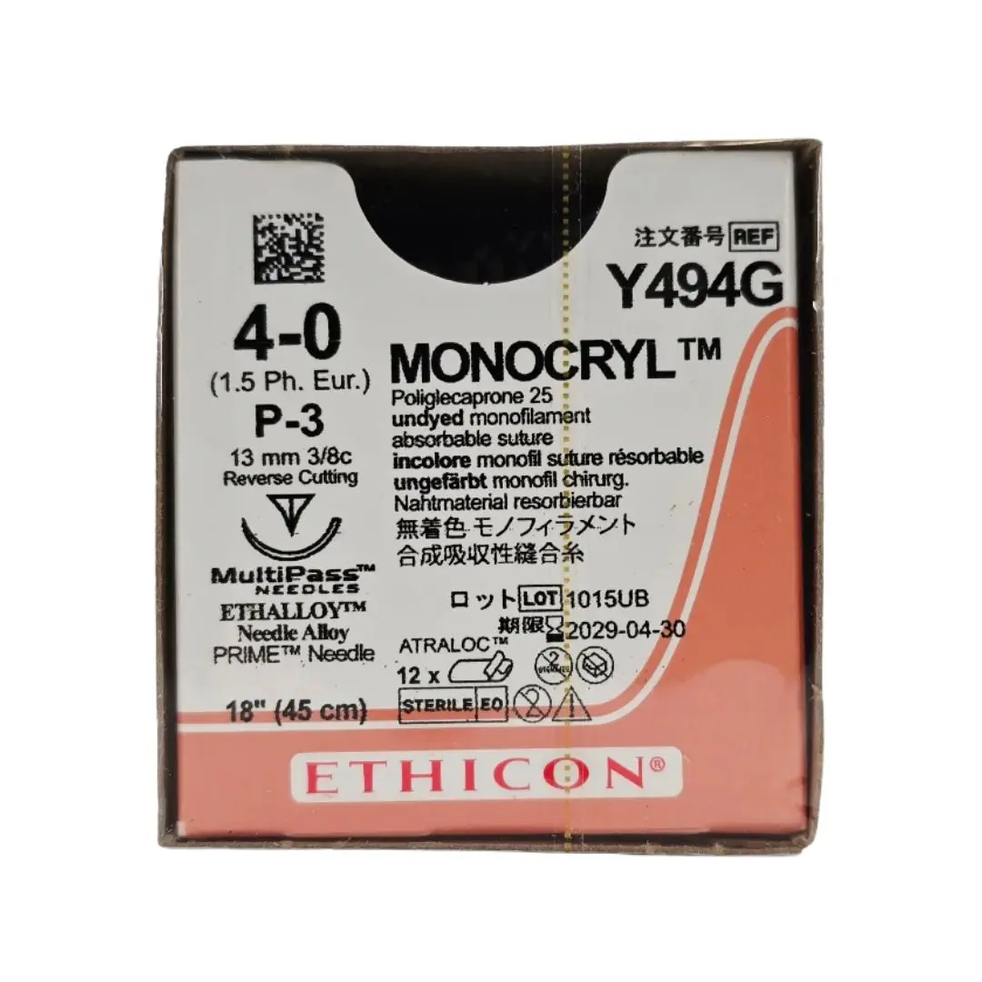 Ethicon Y494G 4-0 MONOCRYL Undyed 1X18" P-3 13mm Reverse Cutting BX/12