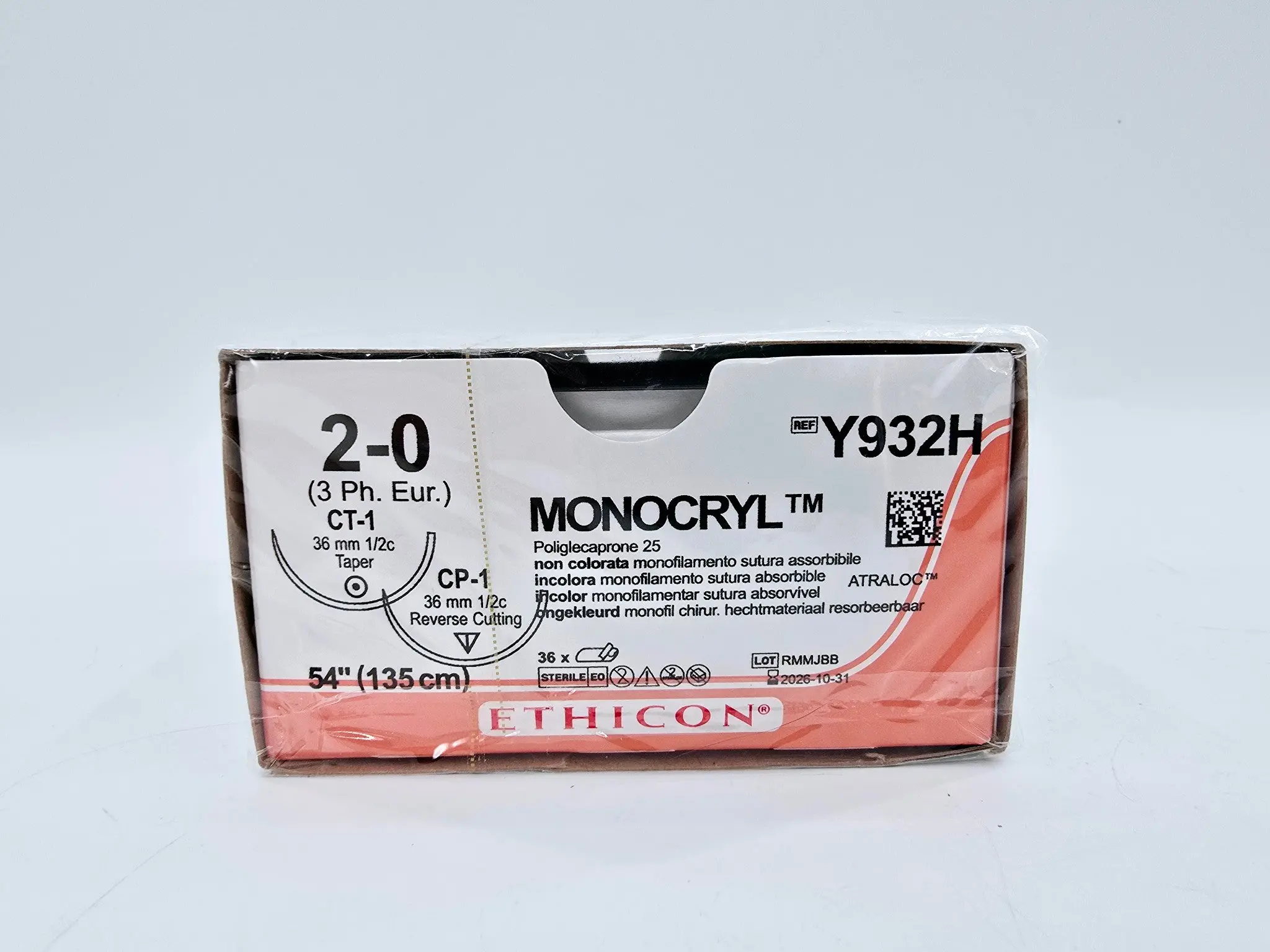 Ethicon Y932H 2-0 MONOCRYL UNDYED 1X54" CP-1,CT-1 DOUBLE ARMED Box of 36 - Image 2