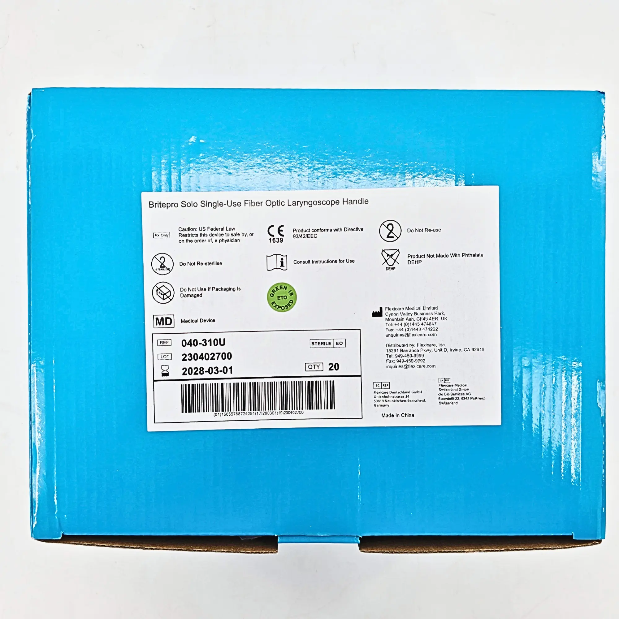 Flexicare Britepro Solo 040-310U Laryngoscope Handle - Standard Size, Fiber Optic LED, Single-Use (Box of 20) - Image 2