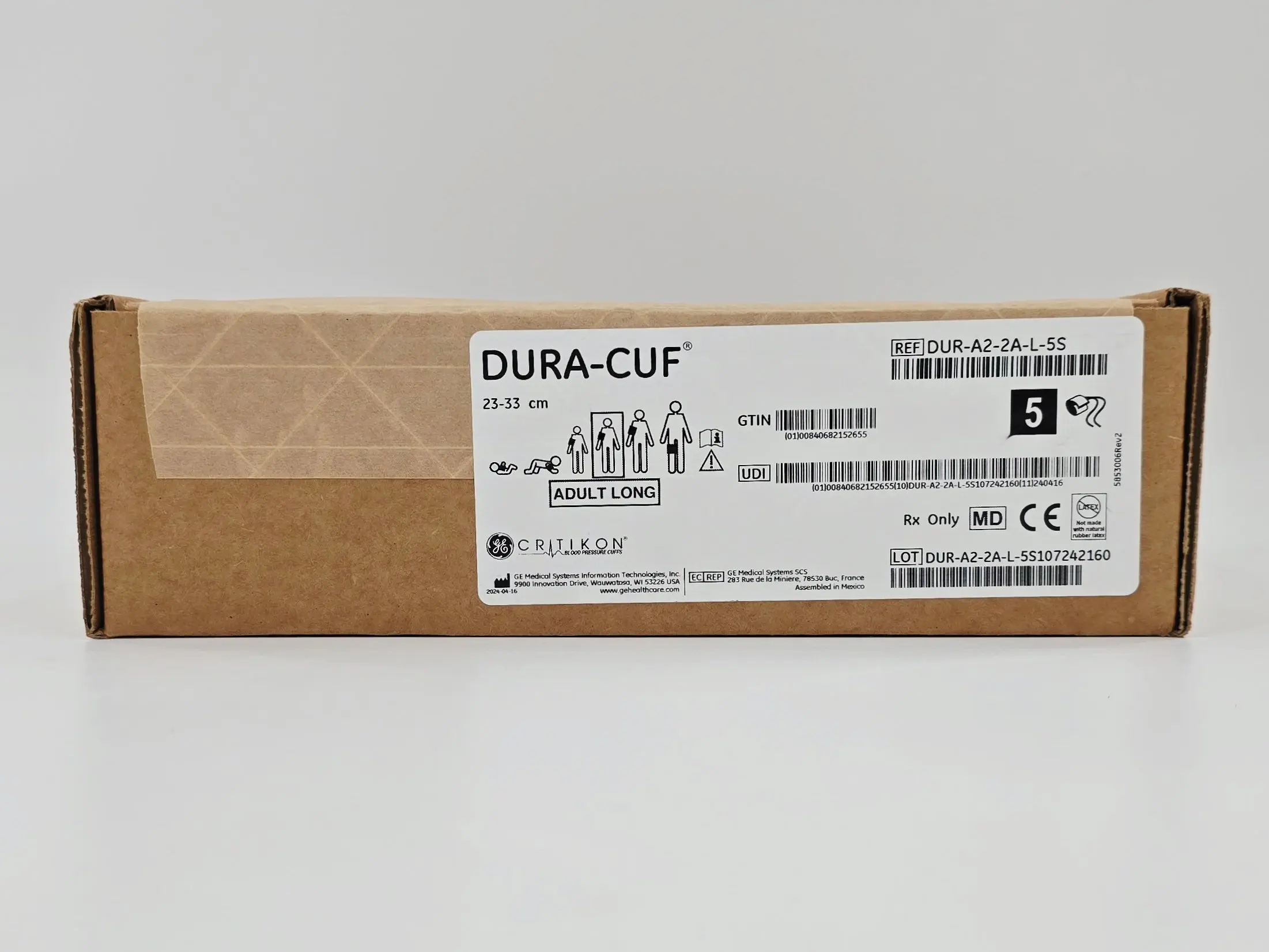 GE Critikon DUR-A2-2A-L-5S Dura-Cuf BP Cuff Adult Long 23-33cm Box of 5 New - Image 2