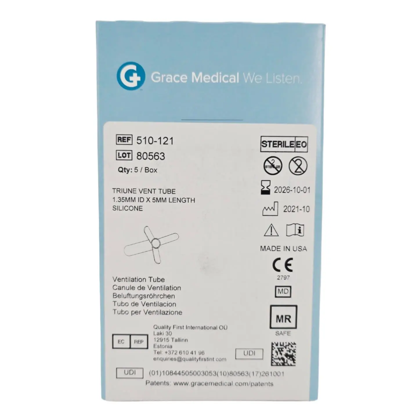 Grace Medical 510-121 Triune Vent Tube 1.35mm ID x 5mm Length 5/BX
