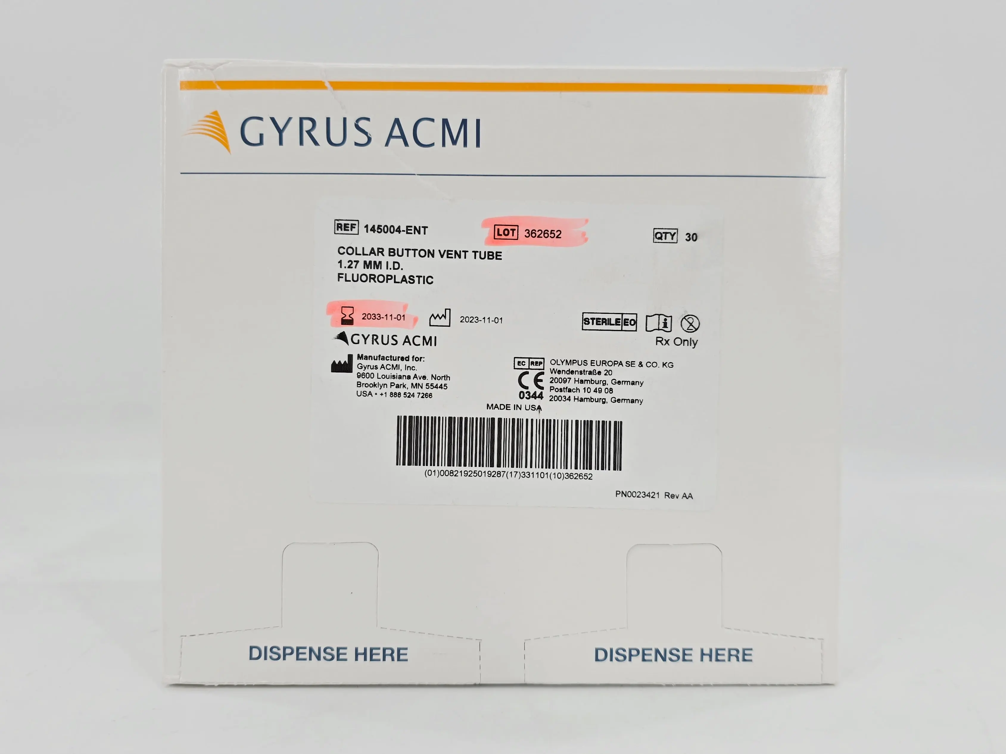 Gyrus ACMI 145004-ENT Collar Button Vent Tube 1.27mm I.D. BX/30 - Image 2